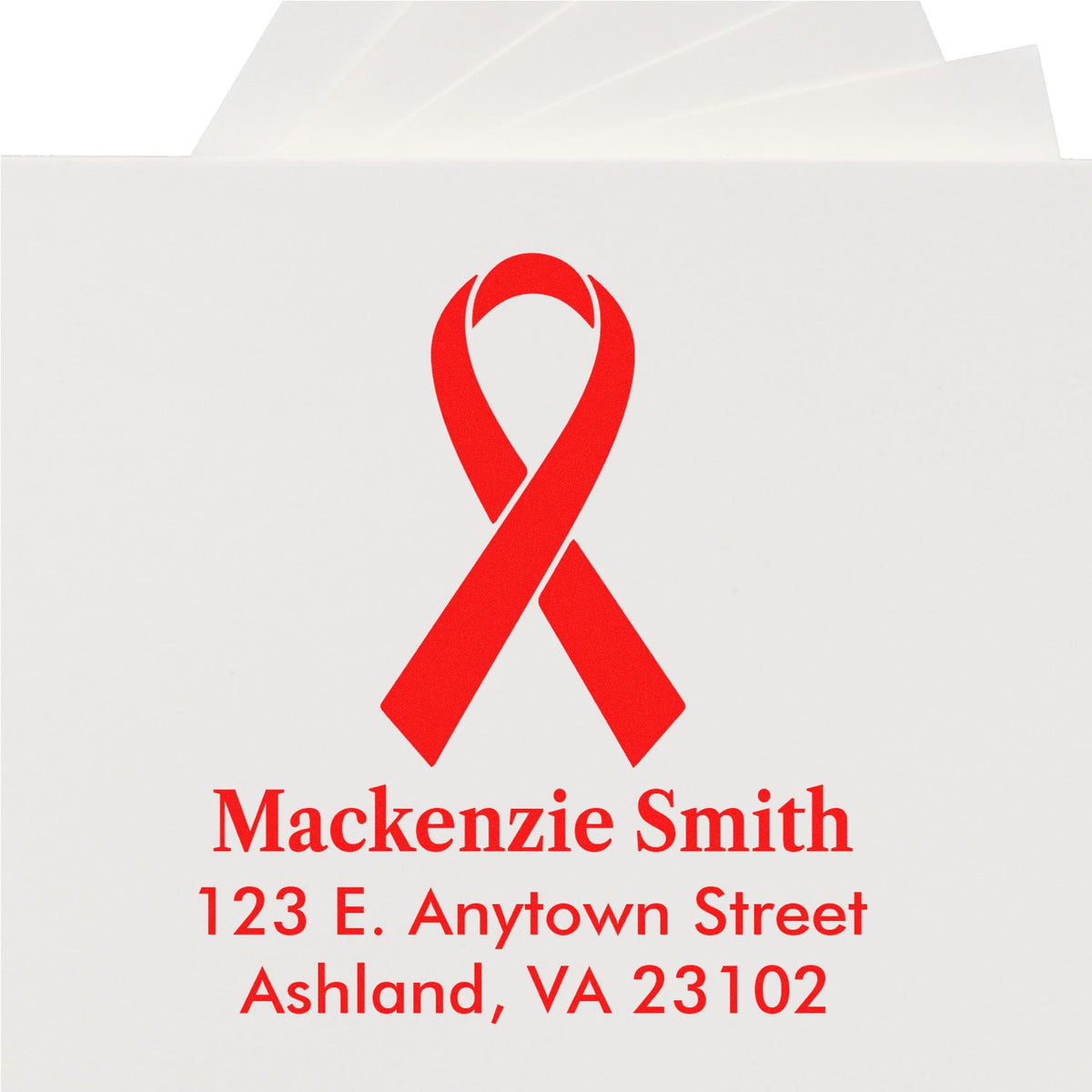 Custom awareness ribbon return address rubber stamp for MacKenzie Smith, Ashland VA 23102.
