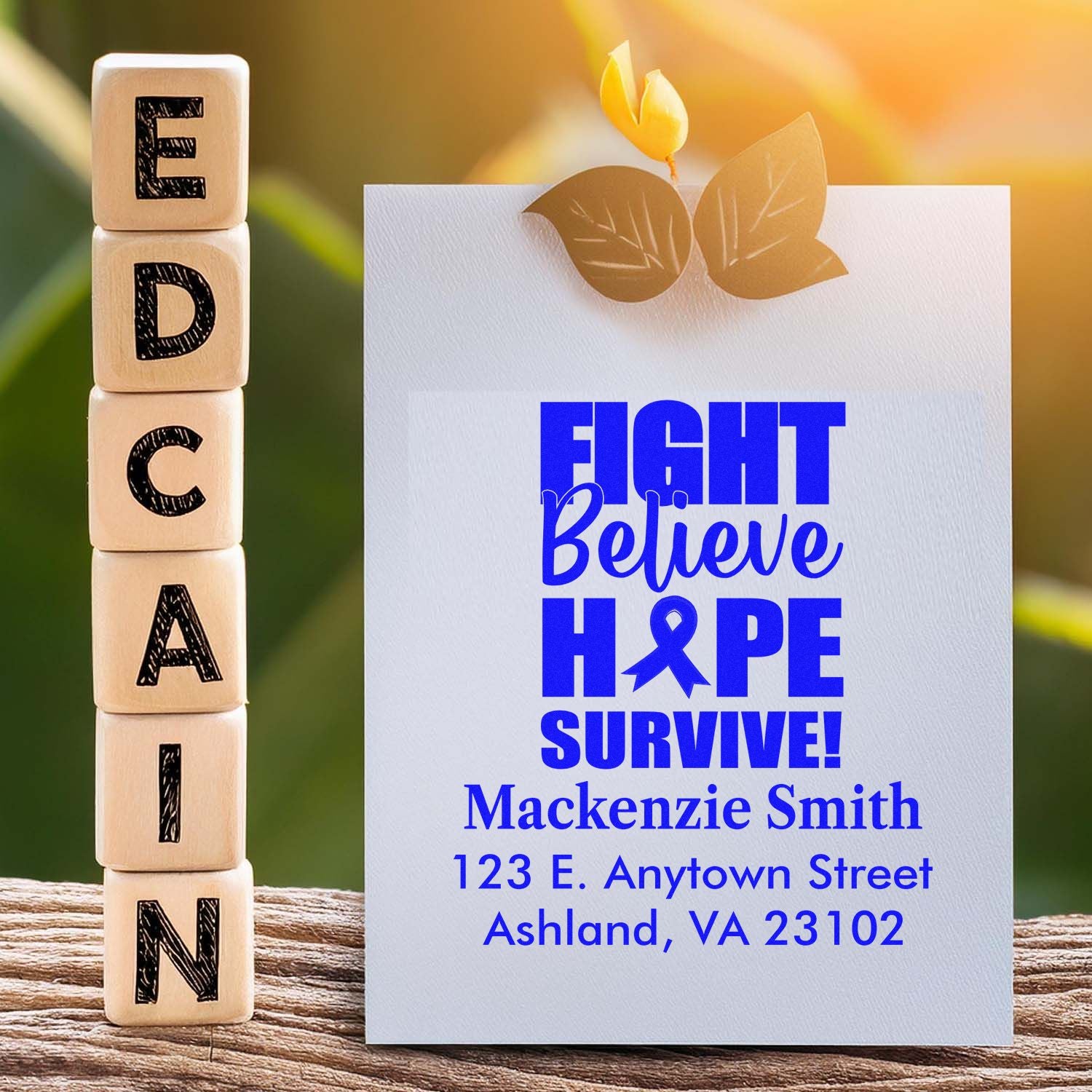Custom rubber stamp mockup with Fight Believe Hope Survive cancer support design, personalized name, and address.