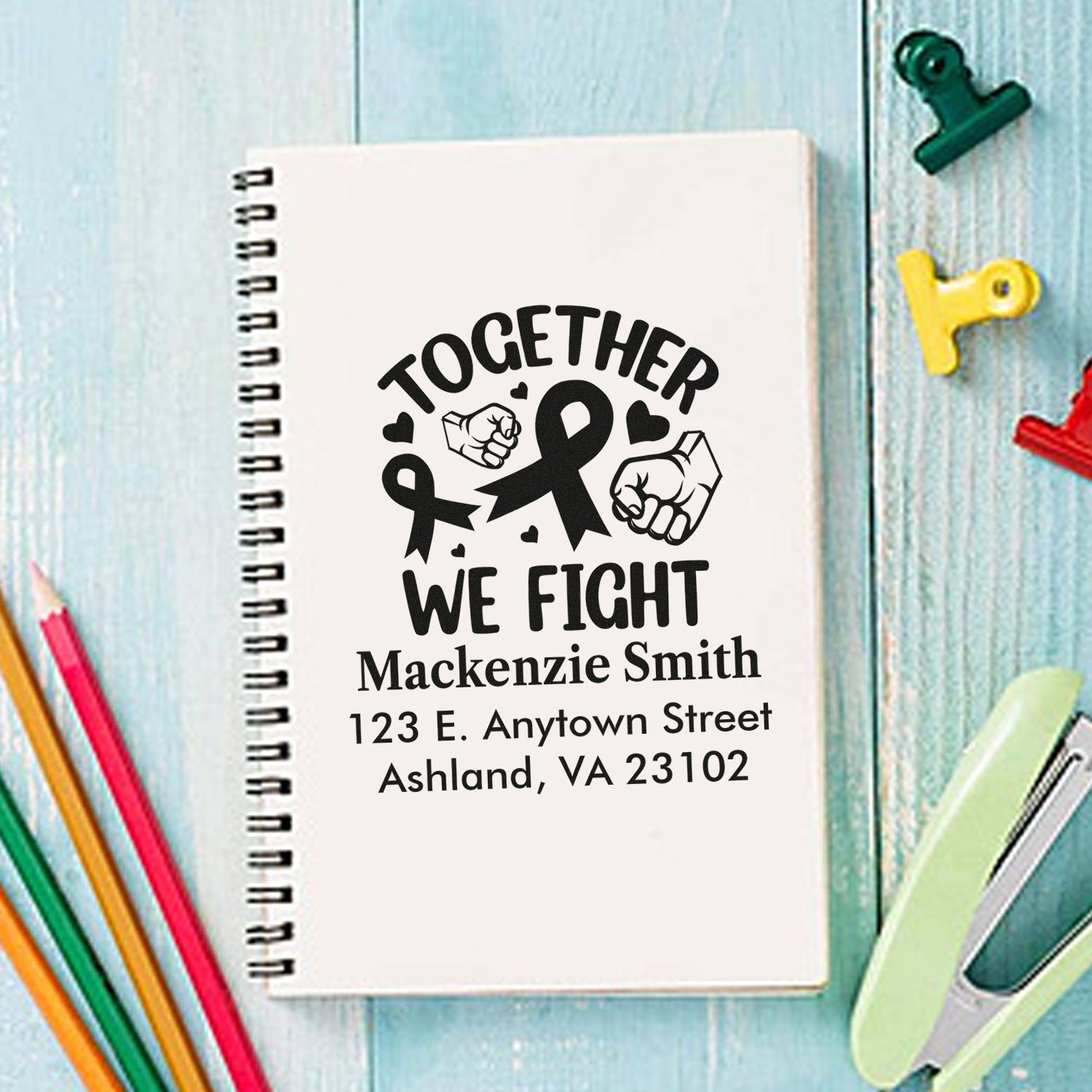 Custom cancer awareness rubber stamp with Together We Fight ribbon design and personalized return address.