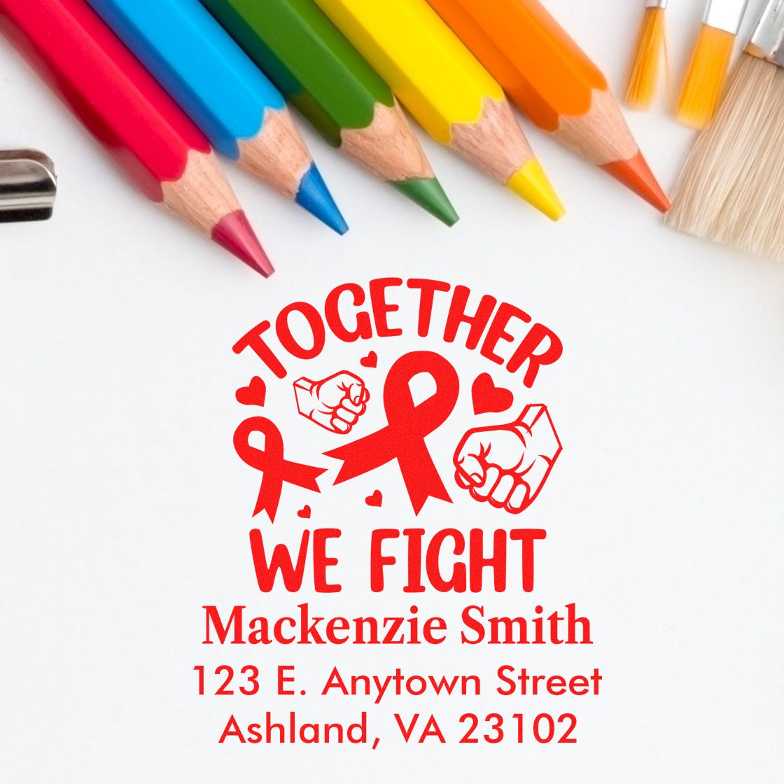 Personalized rubber stamp design with Together We Fight breast cancer awareness message, pink ribbons, and contact details.