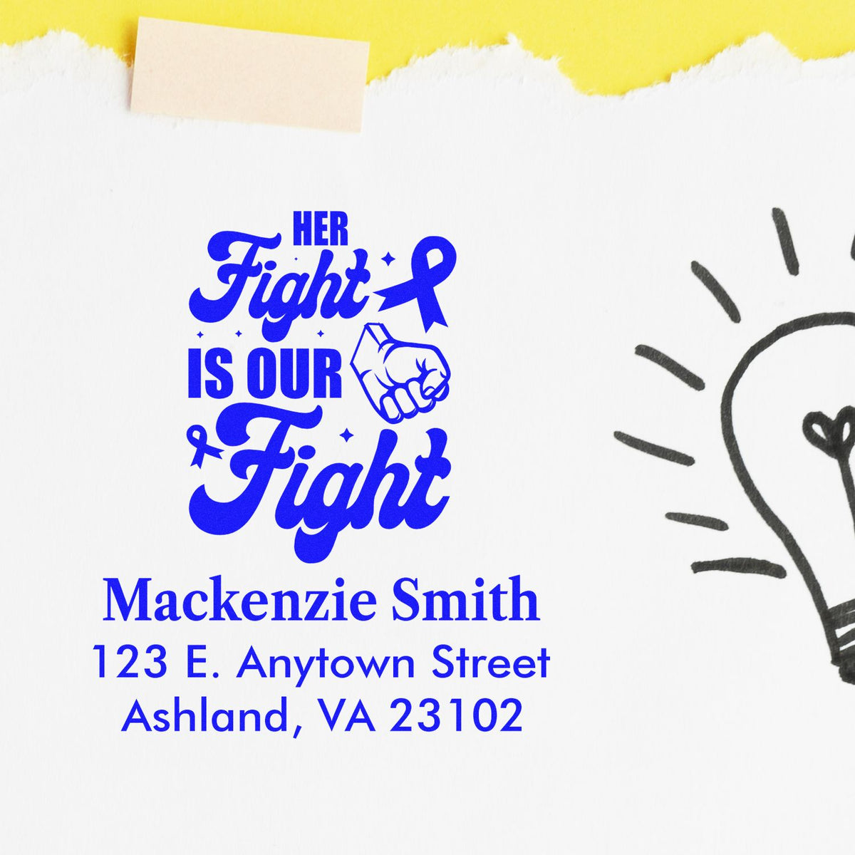 Custom rubber stamp with Her Fight Is Our Fight awareness ribbon, fist icon, and personalized name and address.