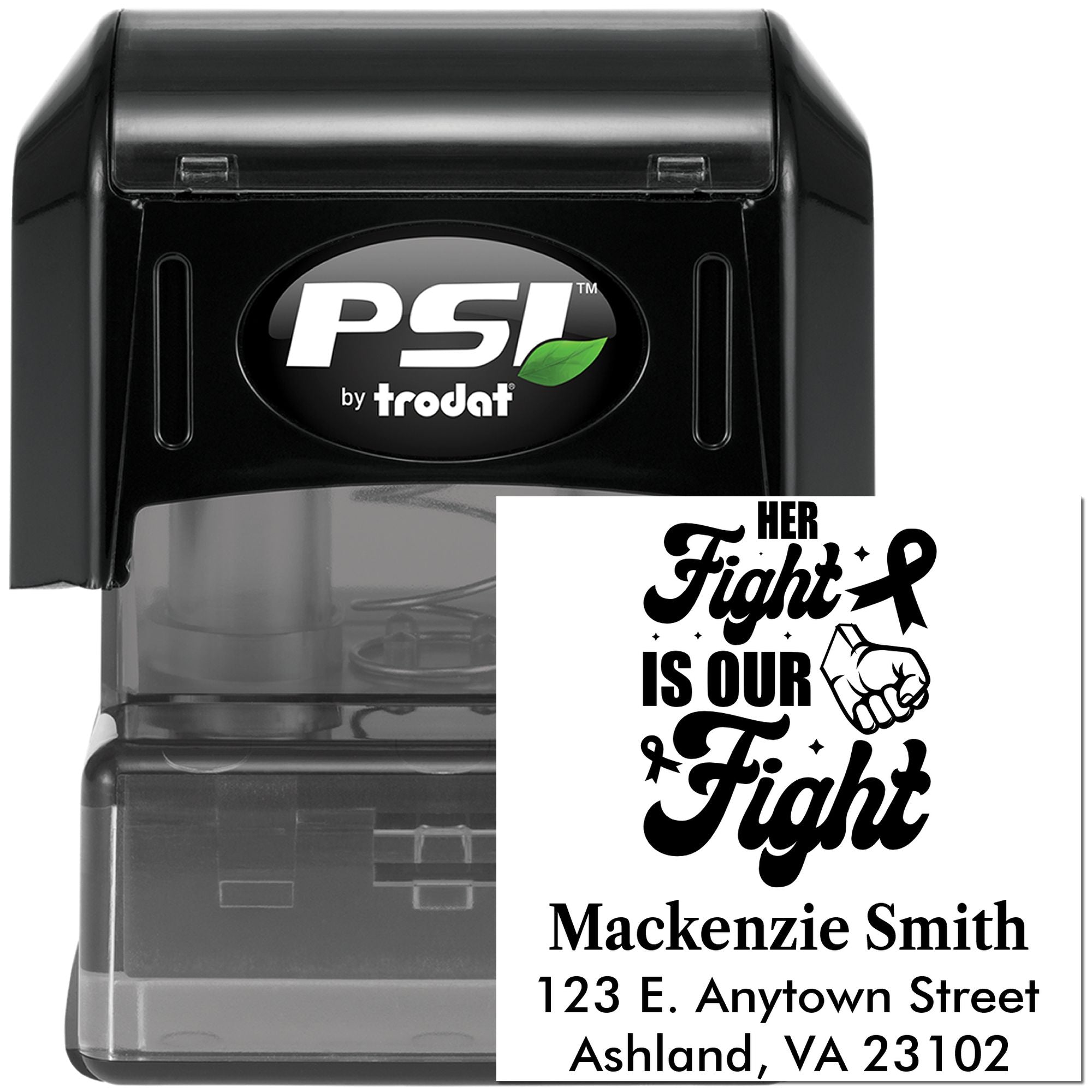 Custom self-inking rubber stamp with breast cancer awareness Her Fight Is Our Fight name and address design.