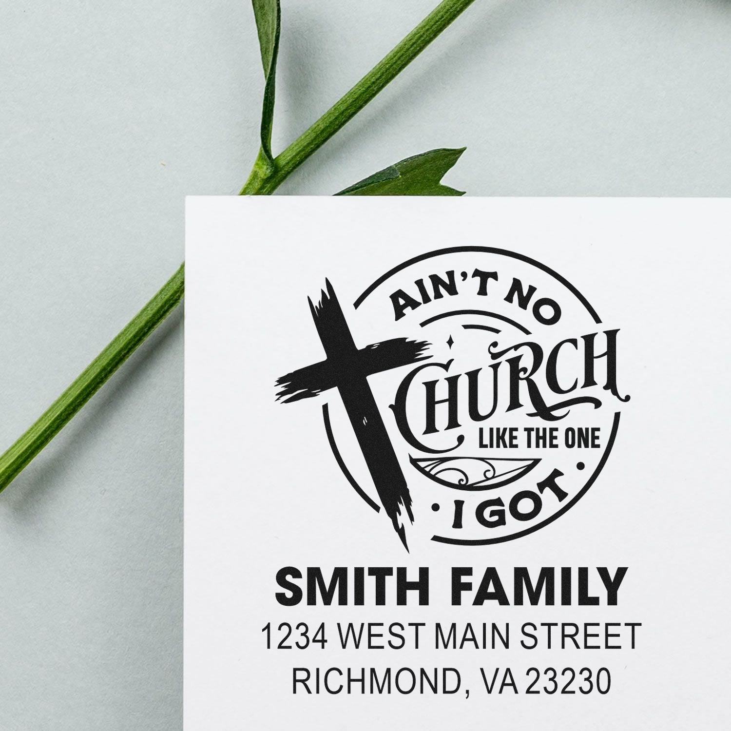 Custom church rubber stamp design with cross and return address for Smith Family, Richmond, VA.
