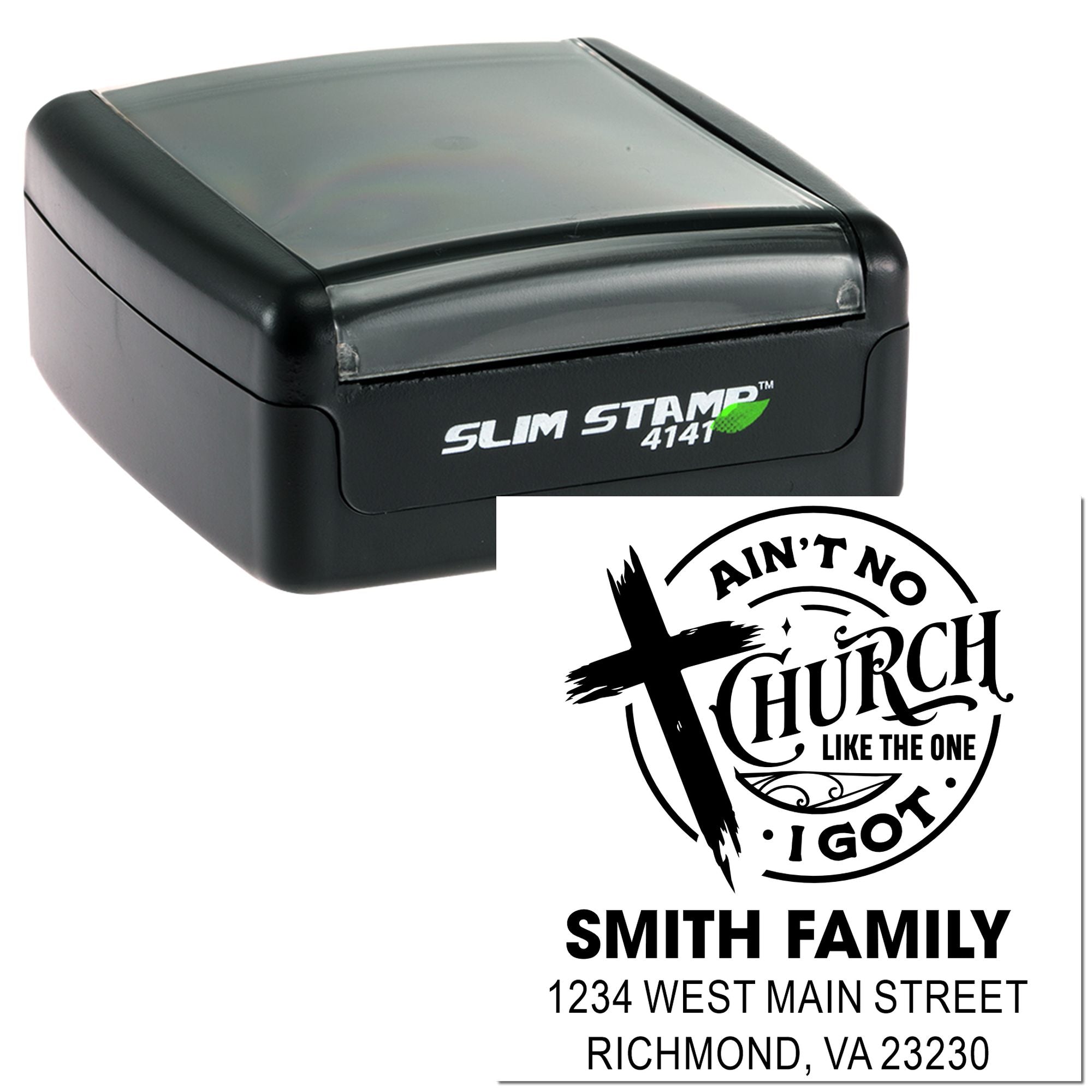 Self-inking Slim Stamp 4141 rubber stamp with custom church family address design for personalized mailing and branding.