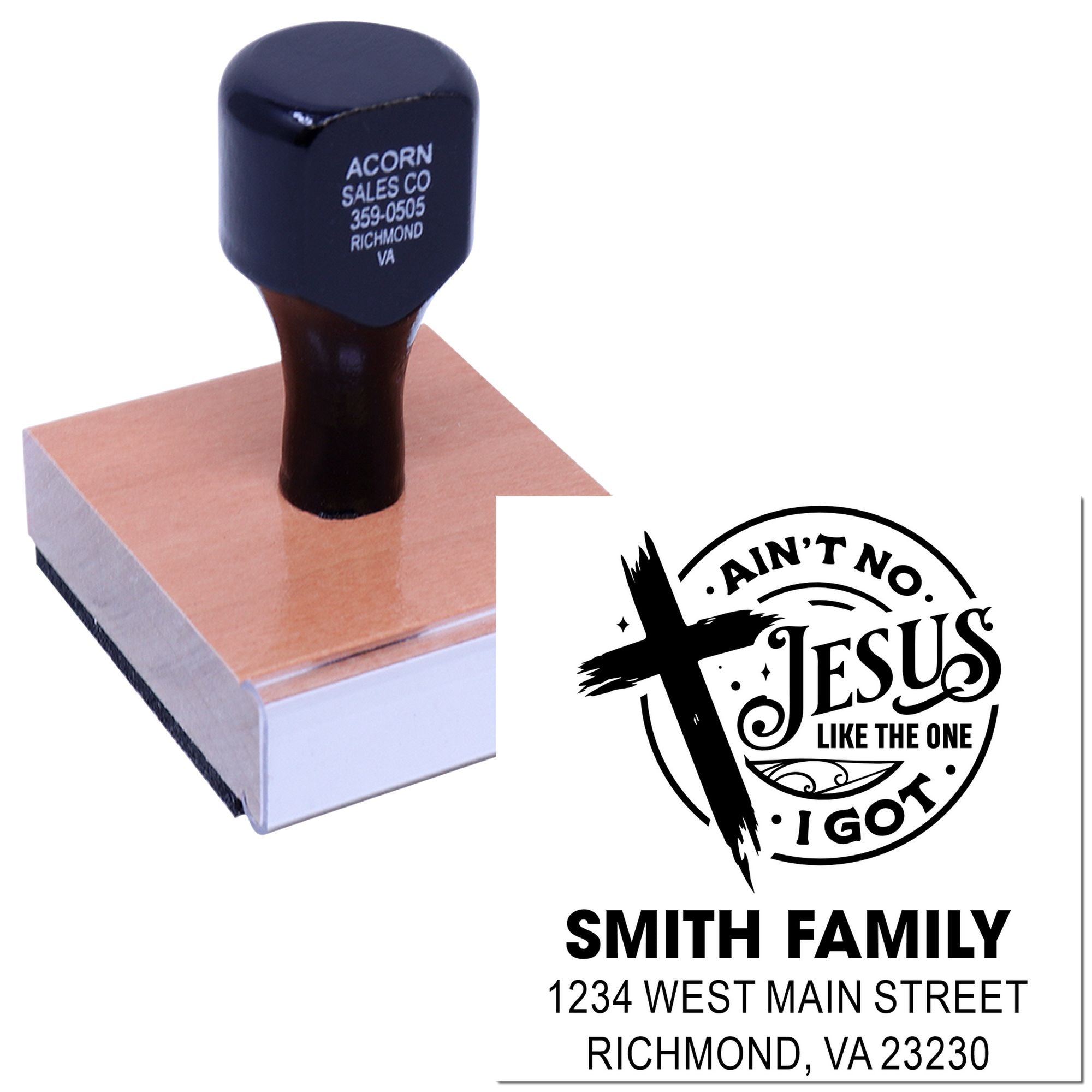 Custom Christian family address rubber stamp featuring Aint No Jesus Like the One I Got and Smith family details.