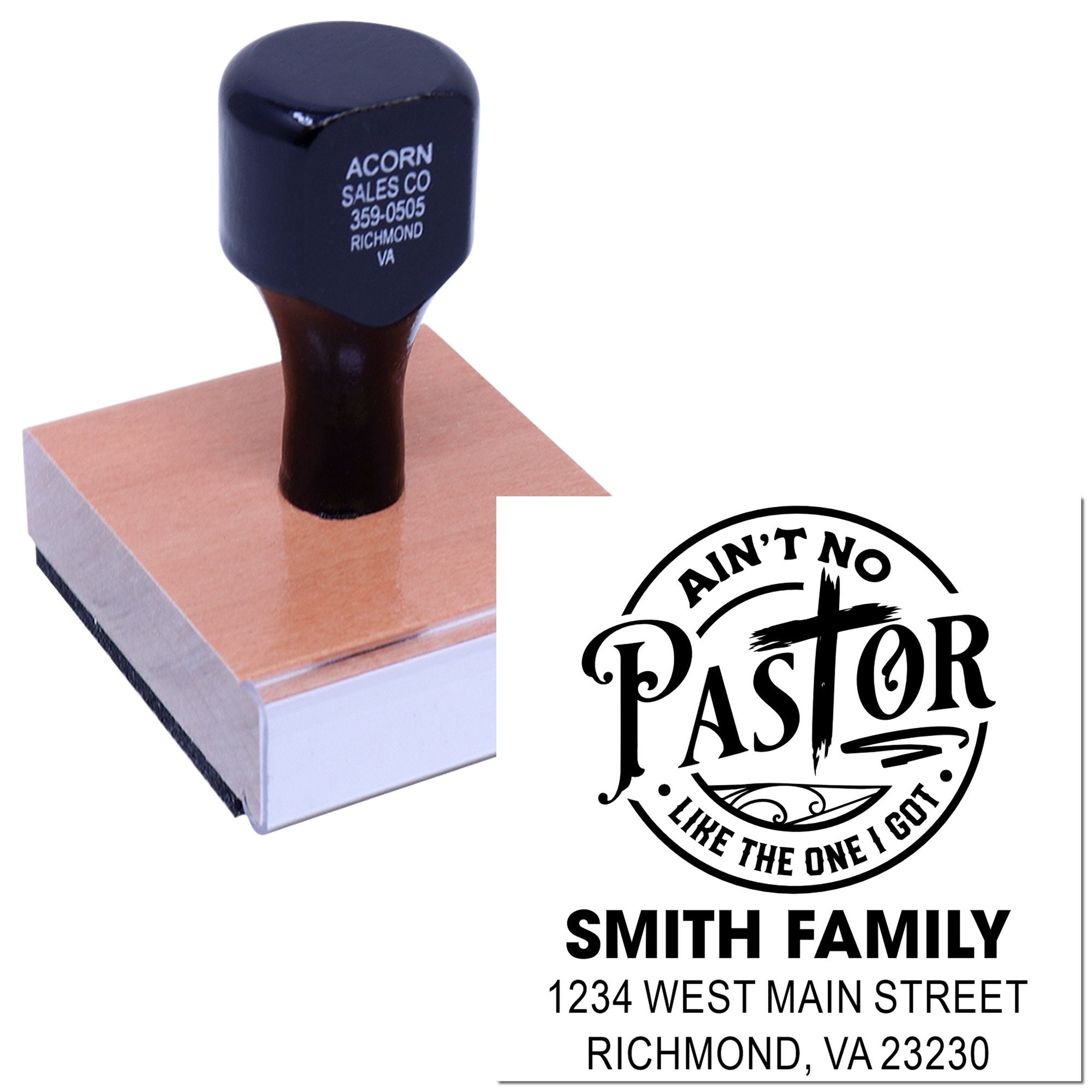Custom personalized rubber stamp for church pastor family, with address and logo design, shown on a wooden handle.