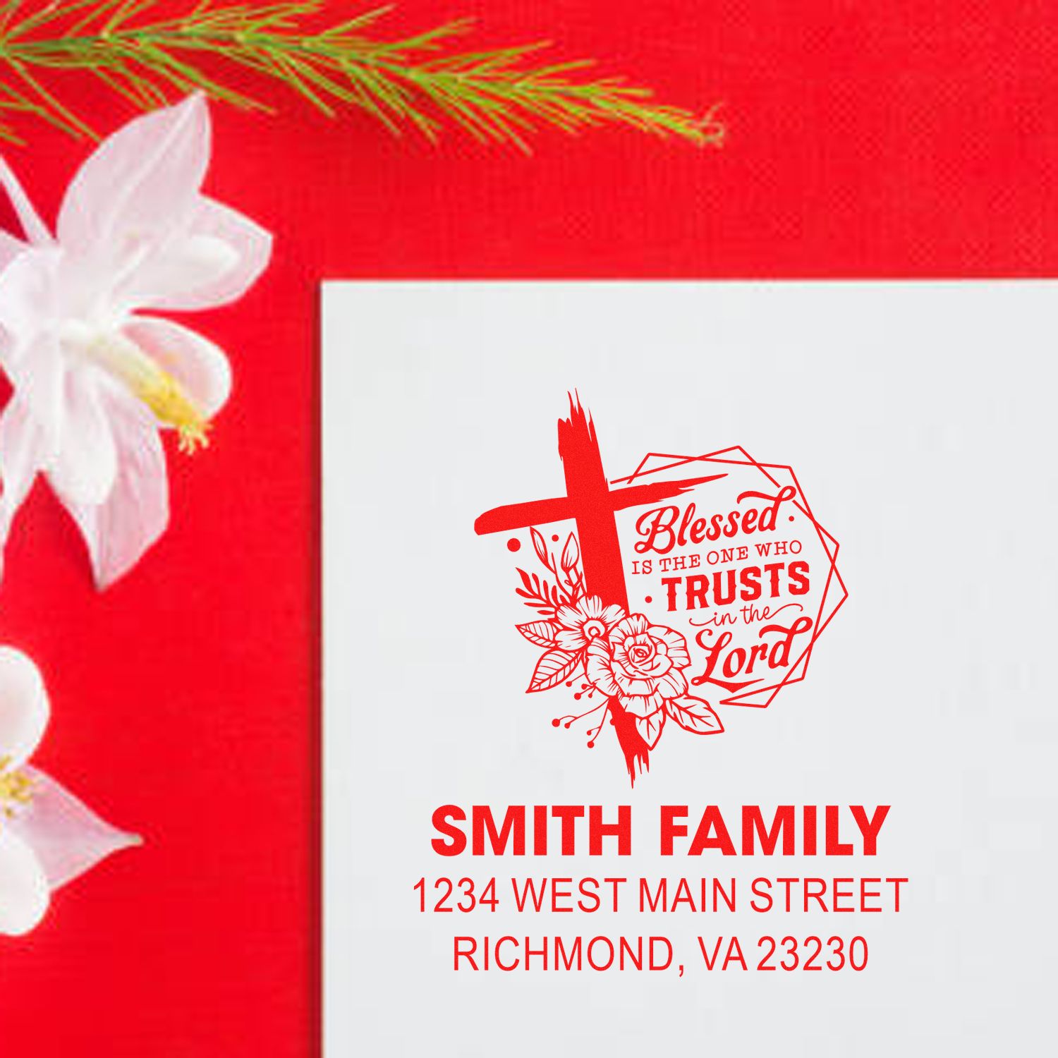 Personalized Christian return address rubber stamp with cross and floral design for Smith Family, Richmond, VA 23230