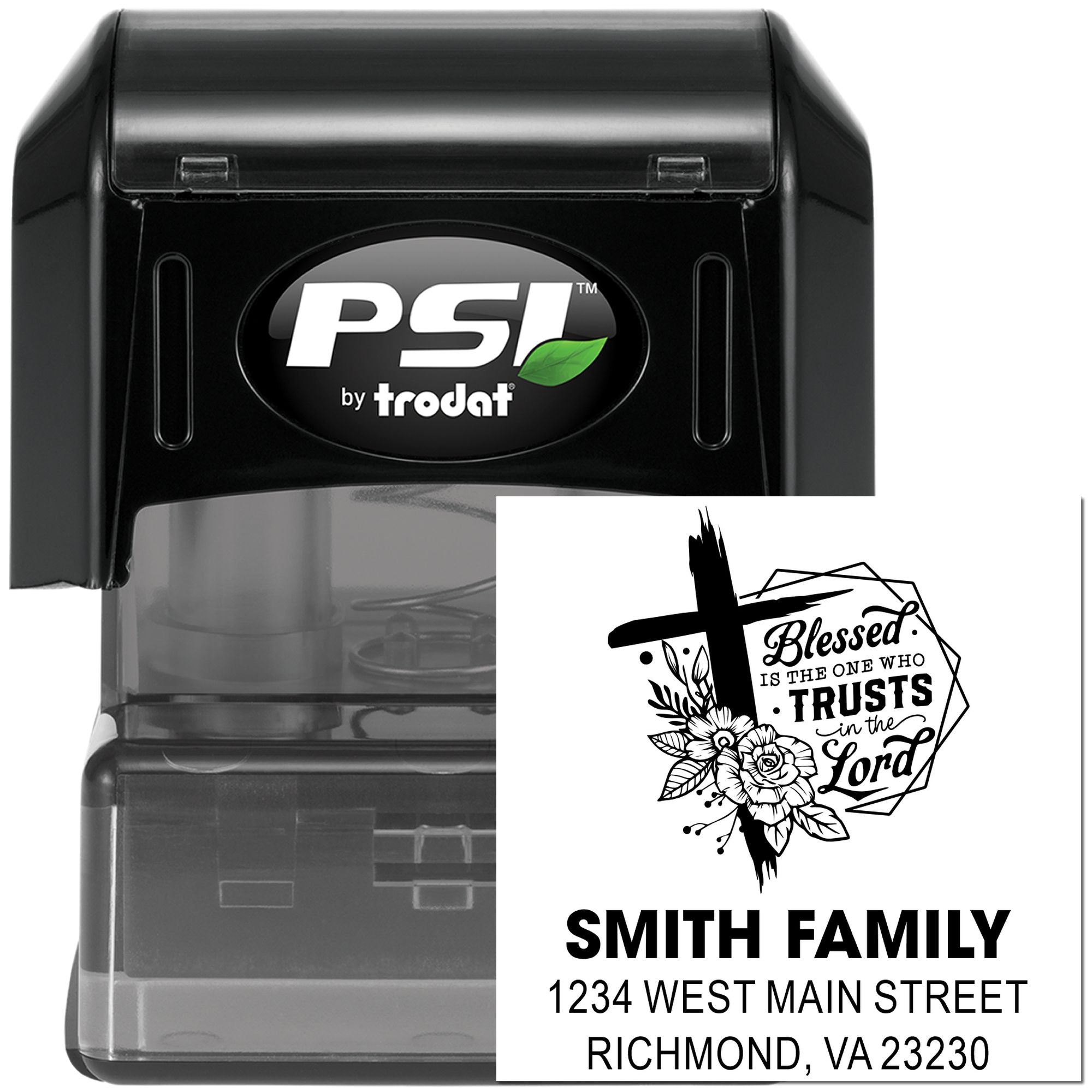 Custom self-inking rubber address stamp with Christian quote, Smith Family name, and return address for mailing labels.