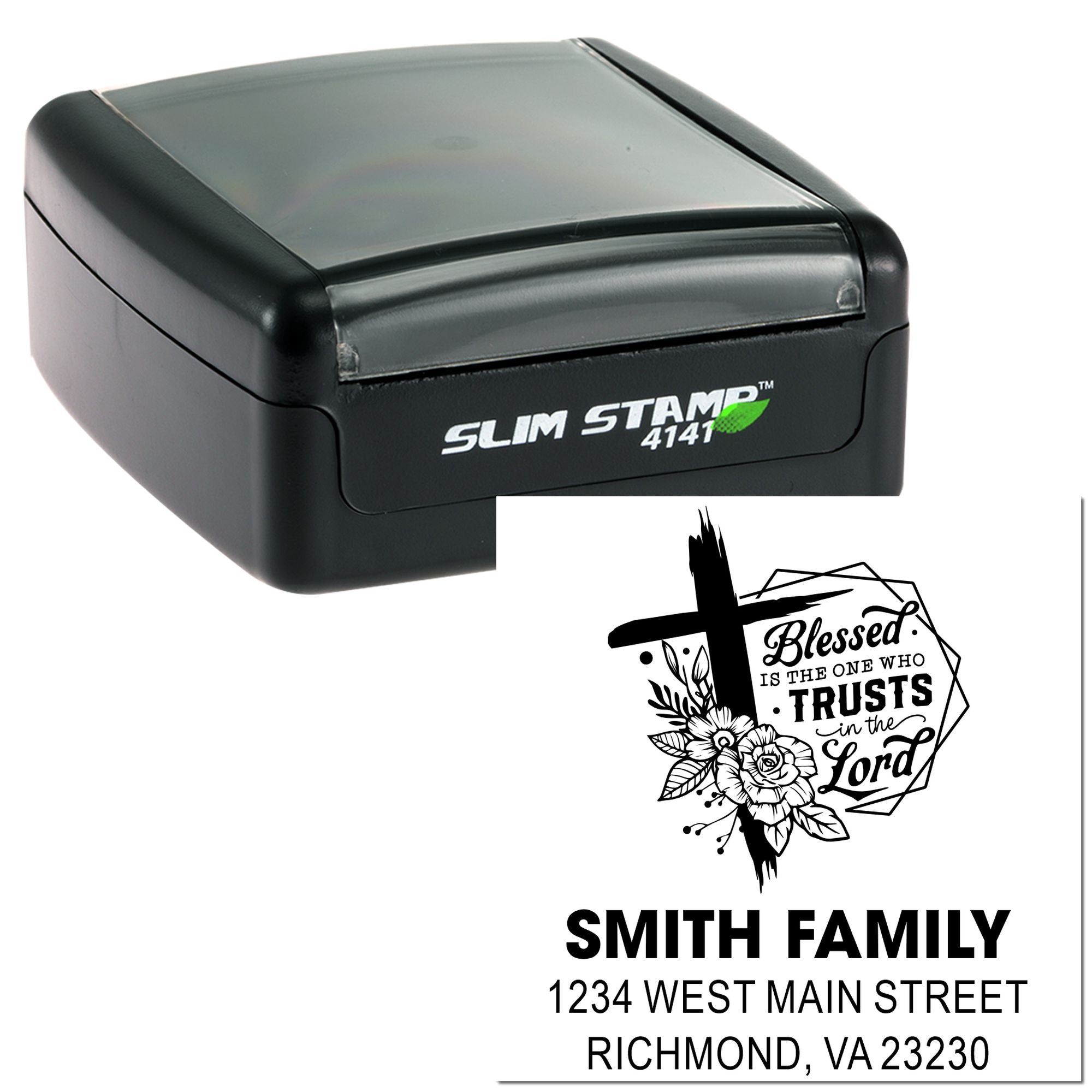 Custom self-inking rubber address stamp with cross and floral design, shown with family name and address imprint.