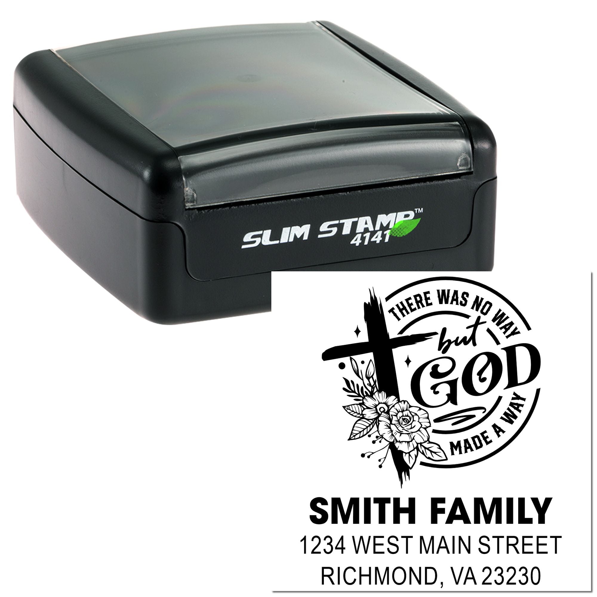 Custom self-inking rubber stamp with Christian family return address design and "There Was No Way But God Made a Way" quote.