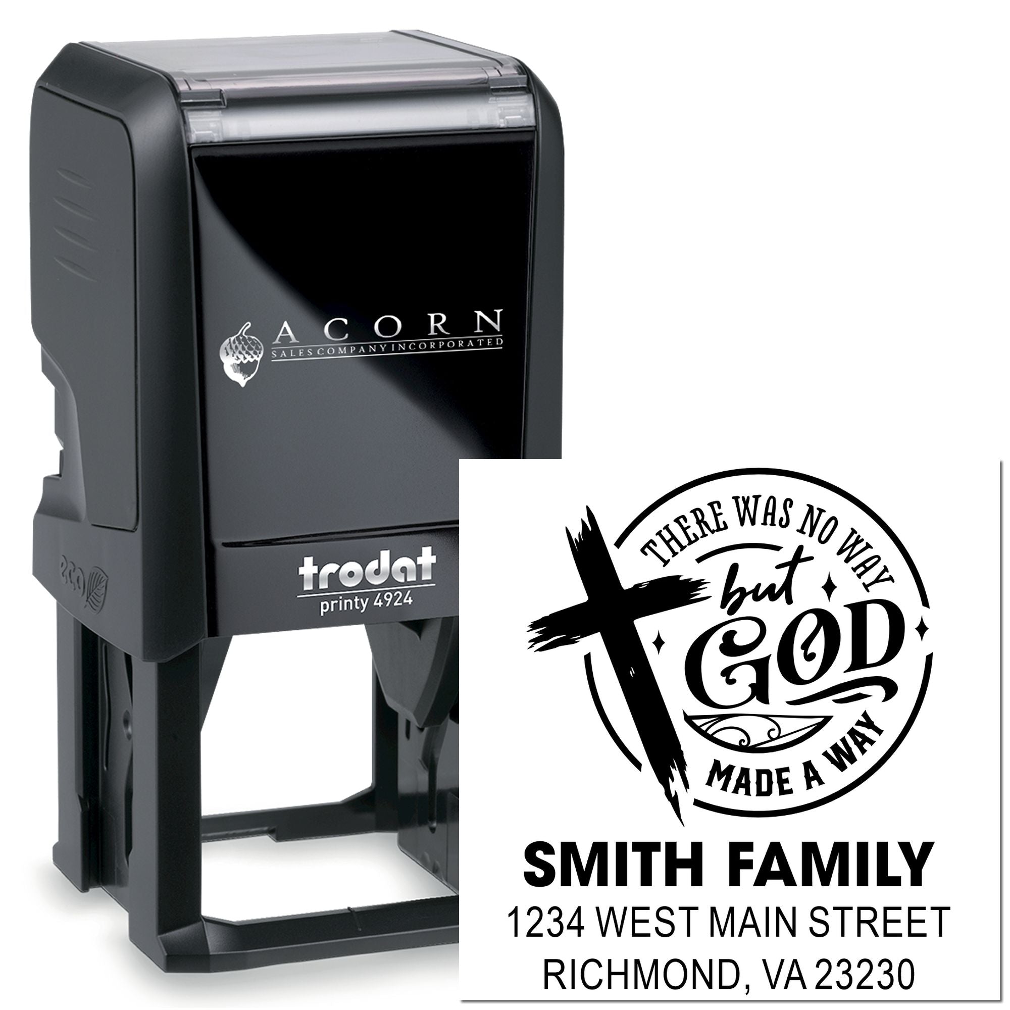 Custom self-inking rubber stamp with Christian quote and Smith family address, shown on a Trodat Printy 4924 stamp.