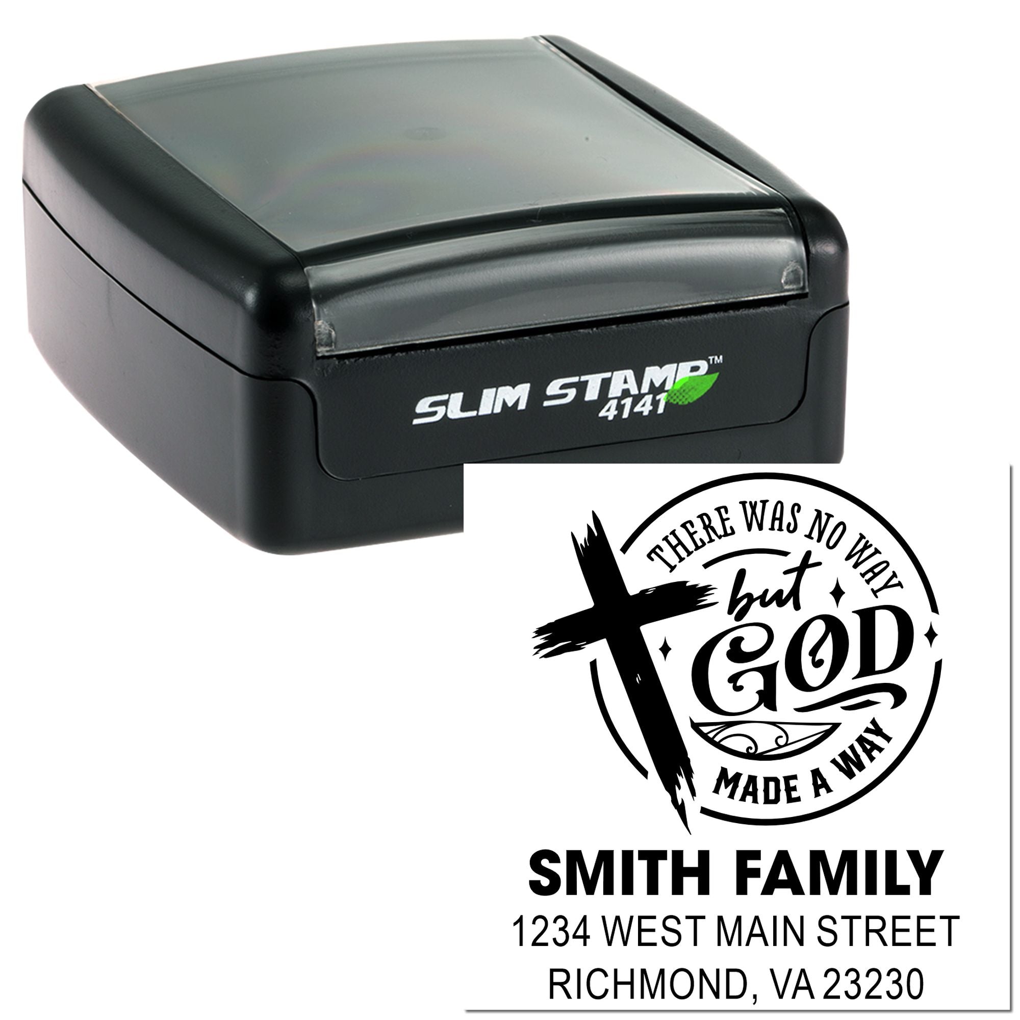 Custom self-inking rubber stamp with personalized family return address and Christian quote design for envelopes and mail.