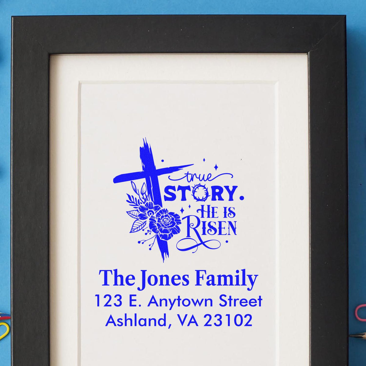 Christian Easter rubber stamp design with cross, floral art, and custom return address for The Jones Family in Ashland, VA.