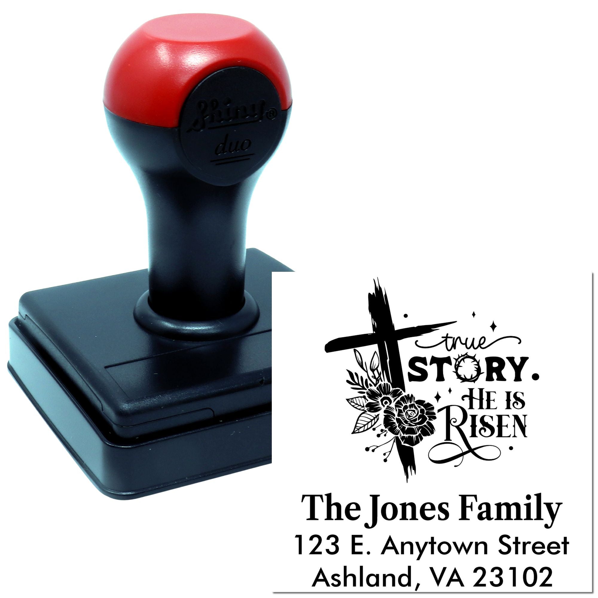 Custom self-inking rubber stamp with Christian He Is Risen design and The Jones Family address for church or Easter cards.