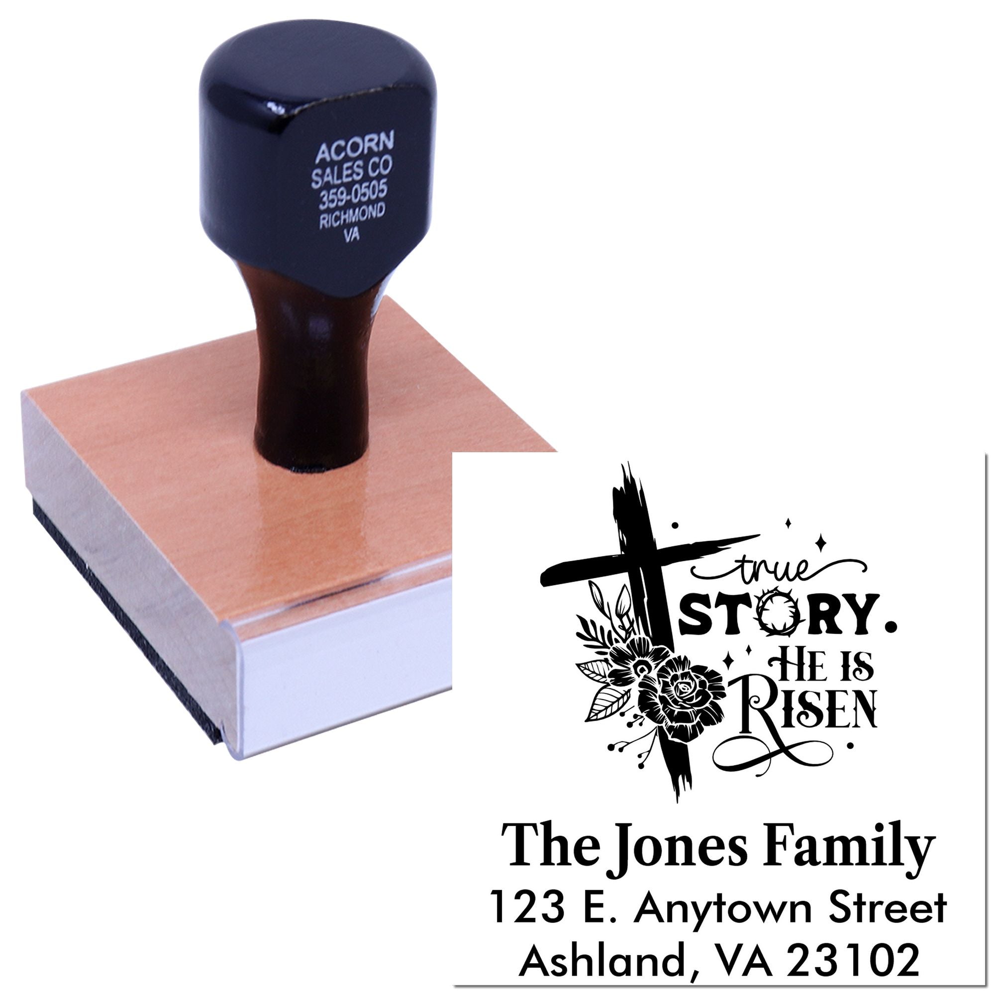 Custom Christian rubber stamp with True Story He Is Risen design and personalized return address.