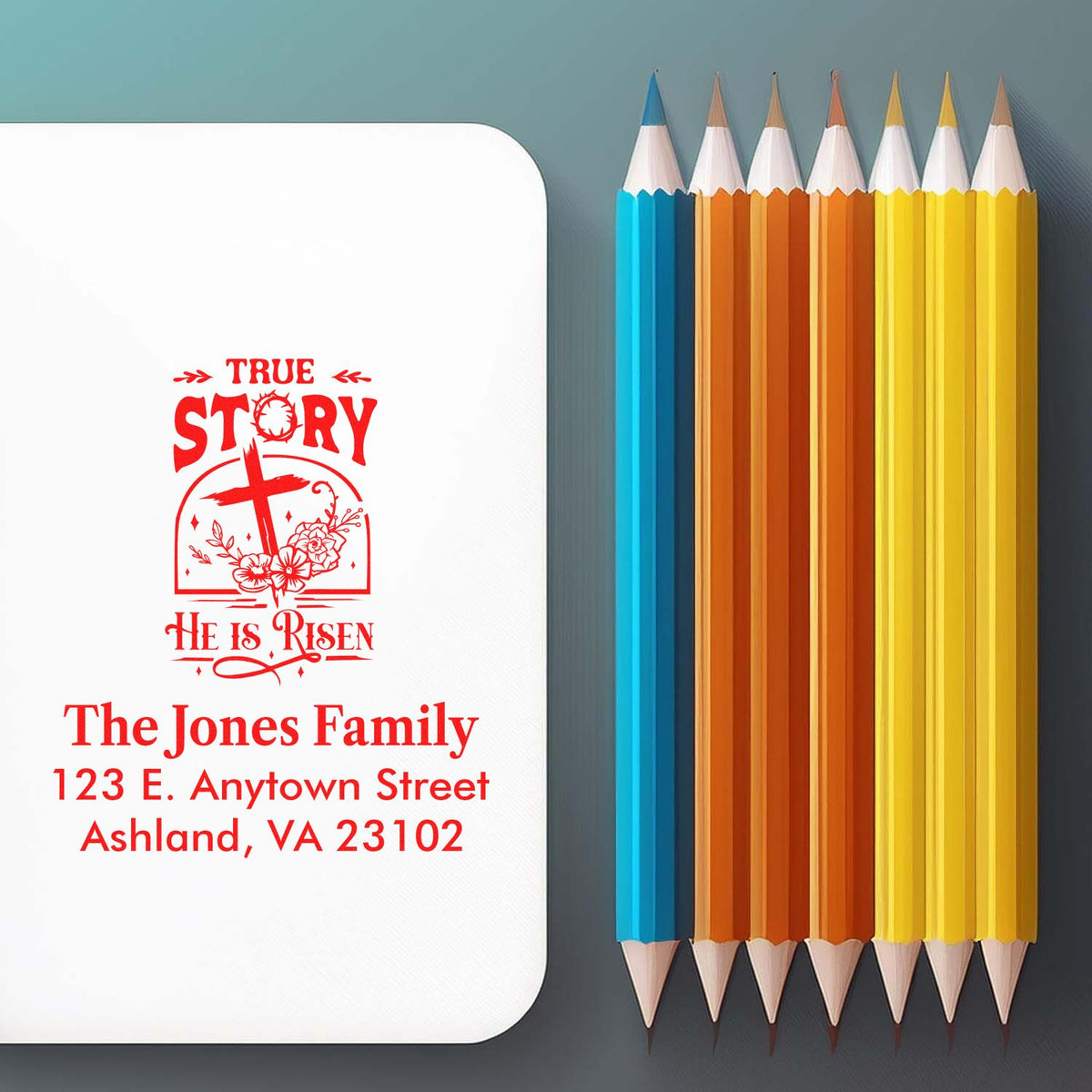 Custom Christian return address rubber stamp with He Is Risen design and The Jones Family name and address.