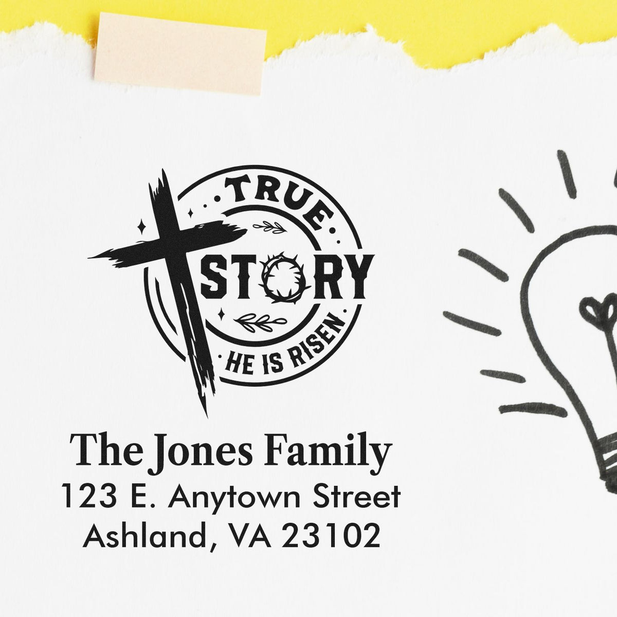 Custom Christian return address rubber stamp with True Story, He Is Risen and family address for Easter cards.