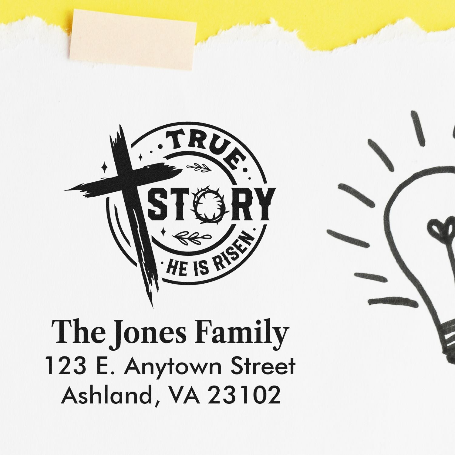 Custom Christian rubber stamp with True Story He Is Risen cross design and personalized family return address for envelopes