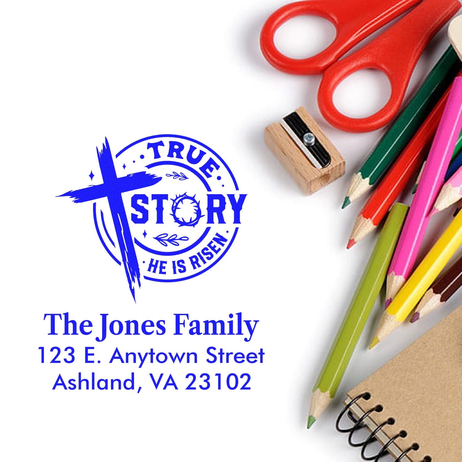Custom Christian return address rubber stamp with True Story He Is Risen design for personalized envelopes and stationery.