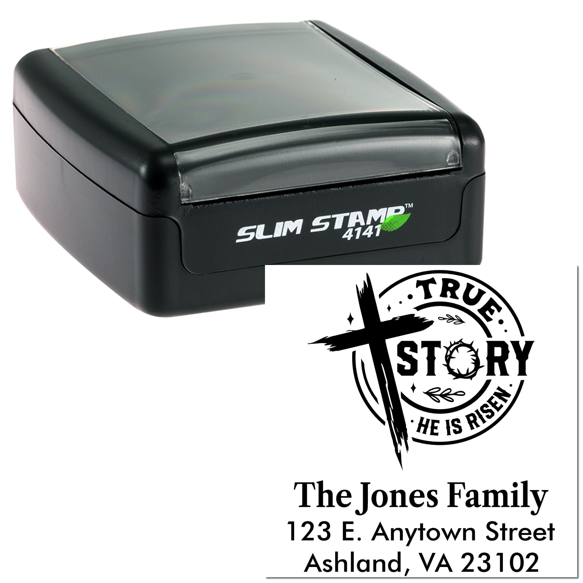 Self-inking Slim Stamp 4141 rubber stamp with custom Easter He Is Risen family address design for personalized mailing.