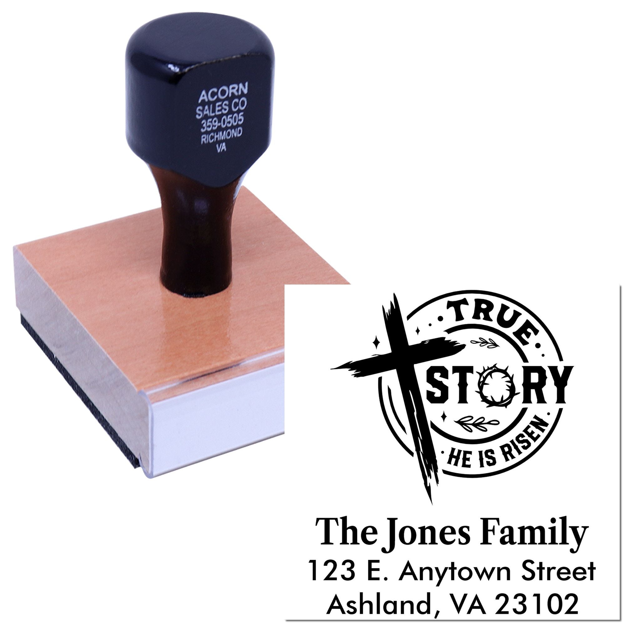 Custom wood handle rubber stamp with Christian True Story He Is Risen family return address design.