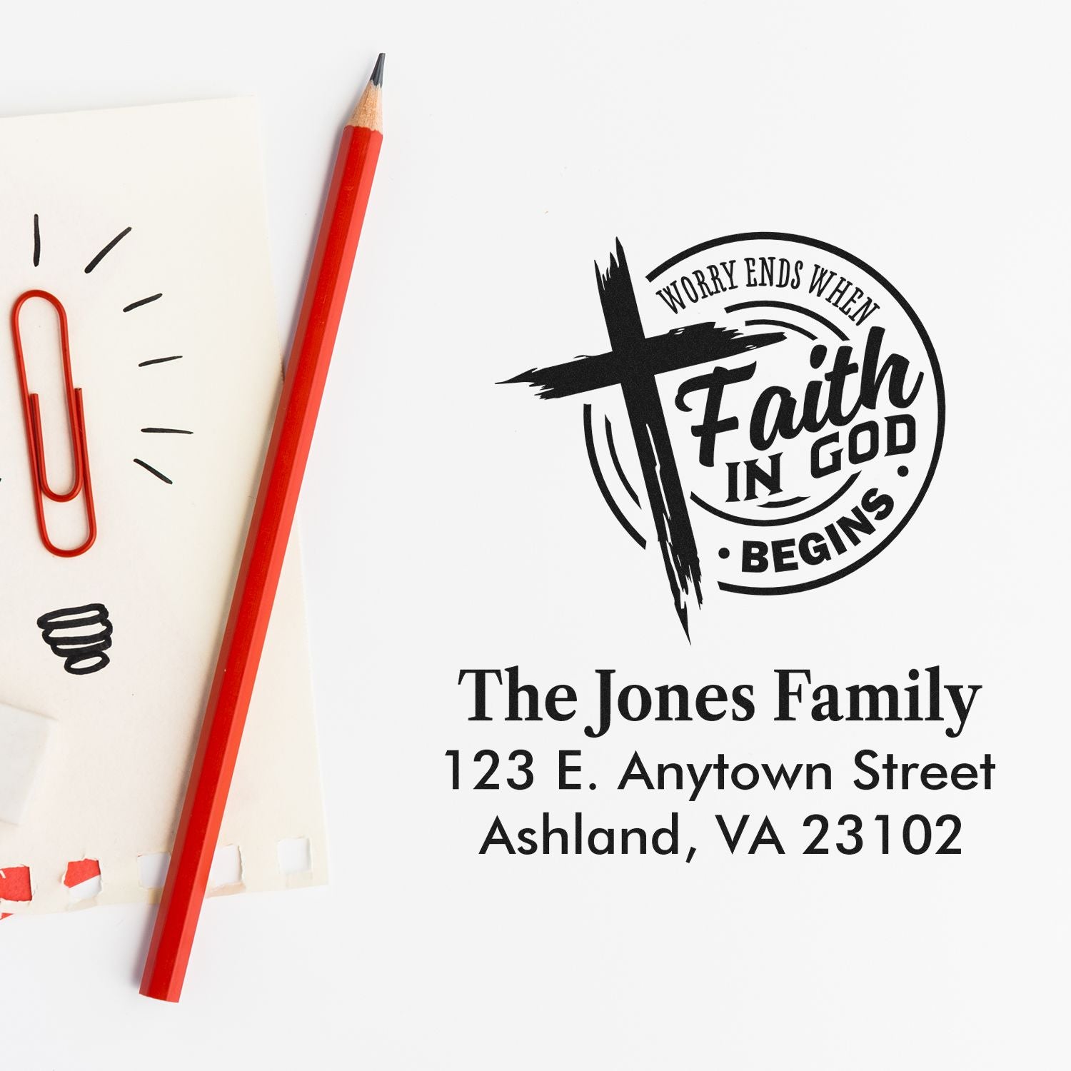 Custom Christian return address rubber stamp with Faith in God quote for The Jones Family, Ashland, VA 23102.