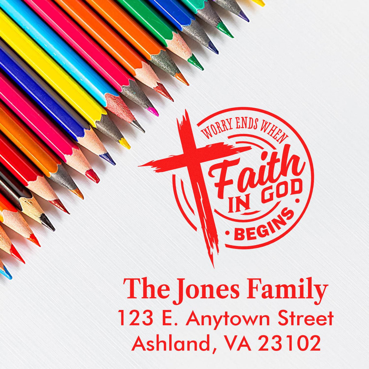 Custom faith rubber stamp with cross, Faith in God slogan, and family name and address for Christian correspondence.