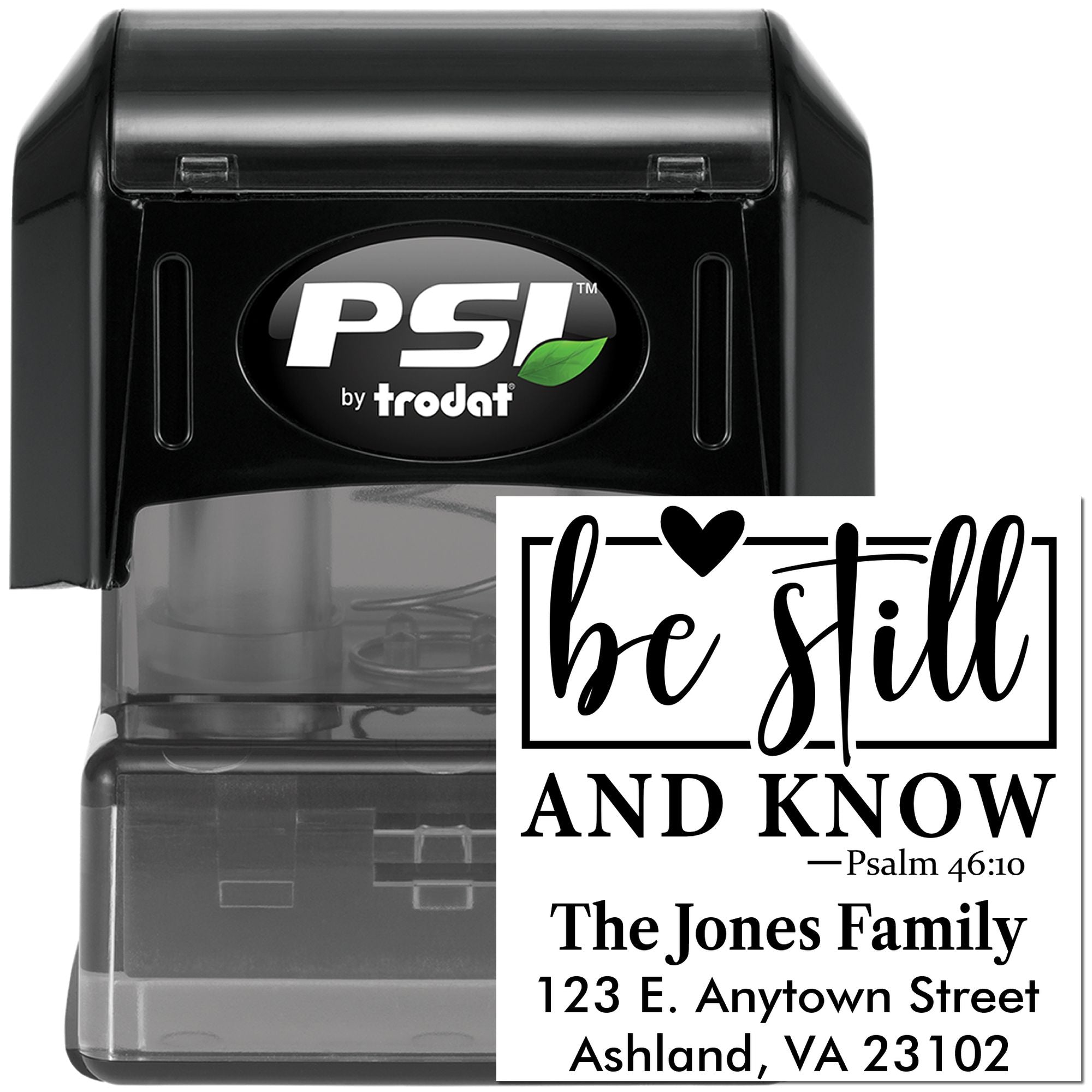 PSI by Trodat self-inking rubber stamp with custom Bible verse and family return address for personalized mailings.
