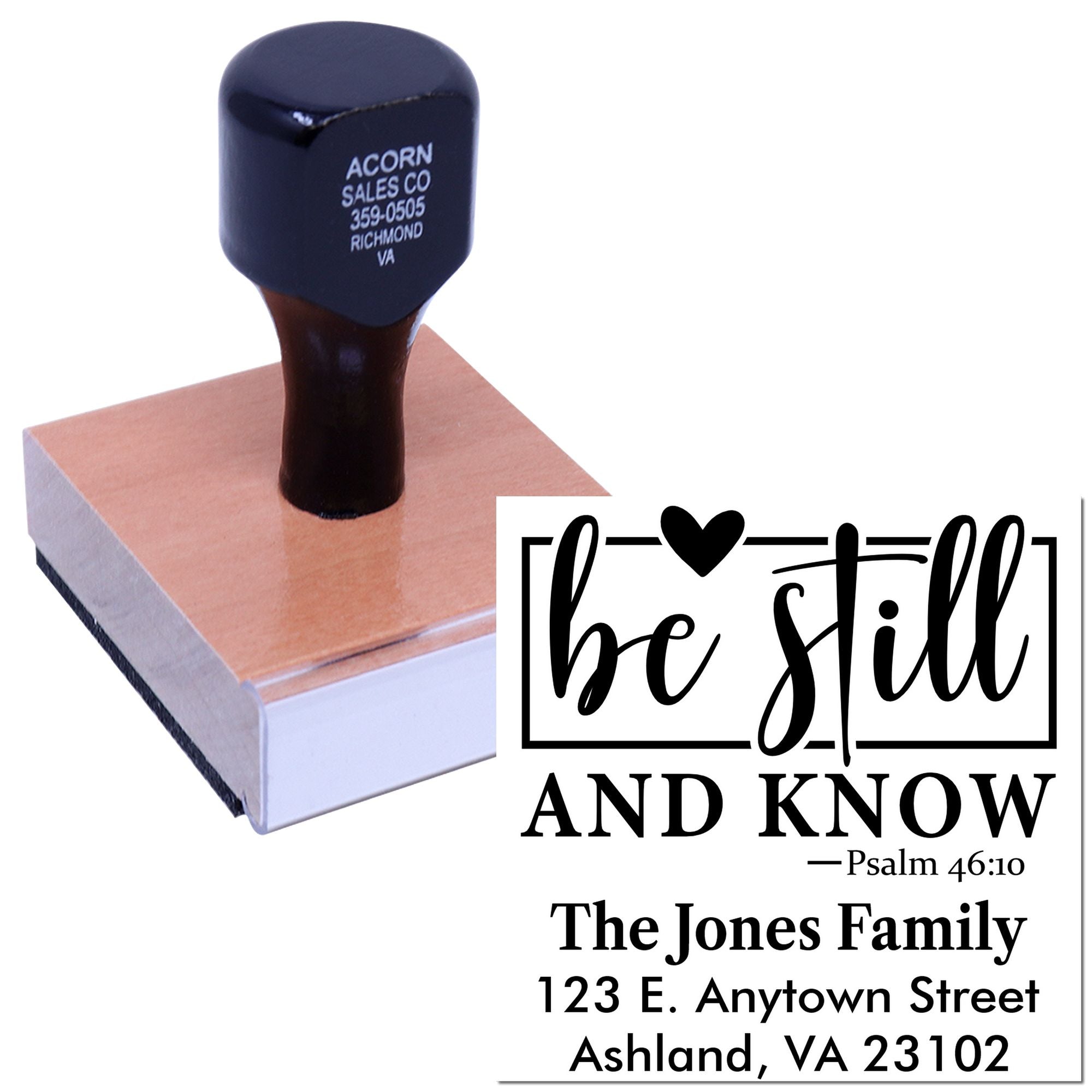 Custom personalized rubber stamp with Be Still and Know Psalm 46:10 and family return address design.