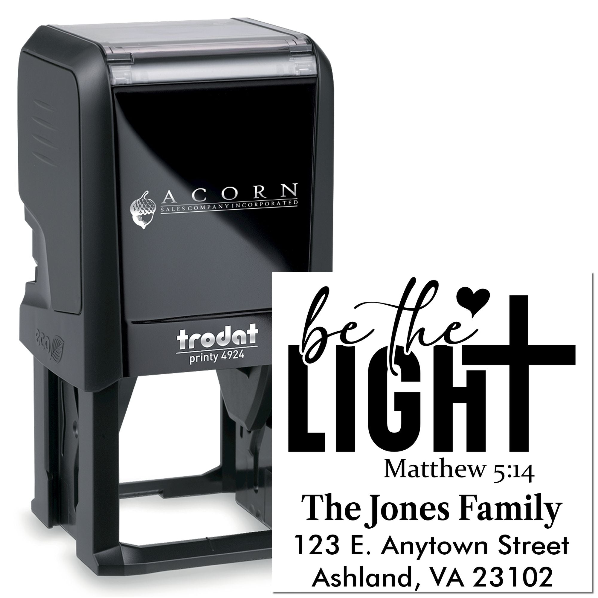 Custom self-inking rubber stamp with Be the Light Bible verse, family name, and return address, Trodat Printy 4924.