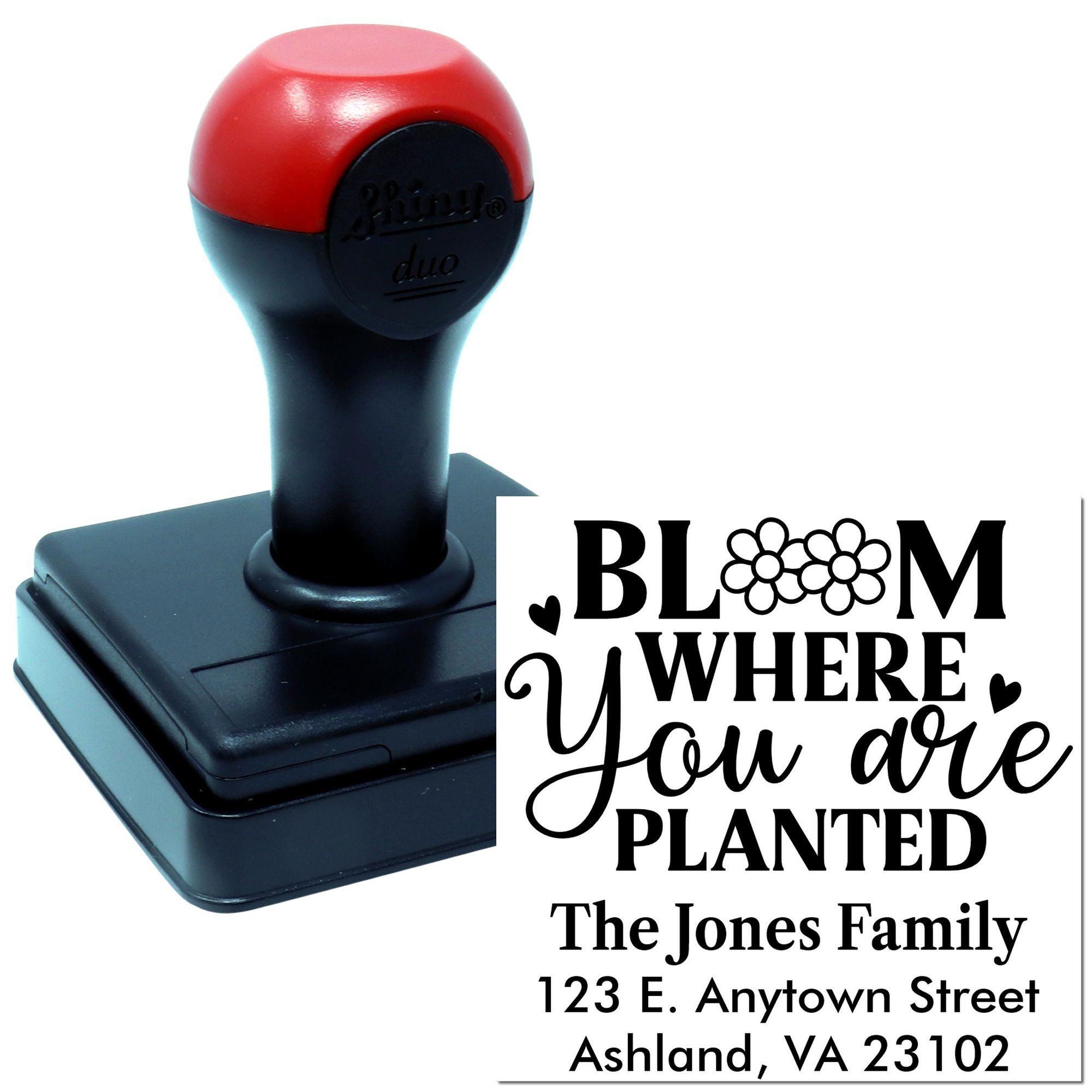 Custom self-inking rubber stamp with floral Bloom Where You Are Planted return address design for personalized stationery.