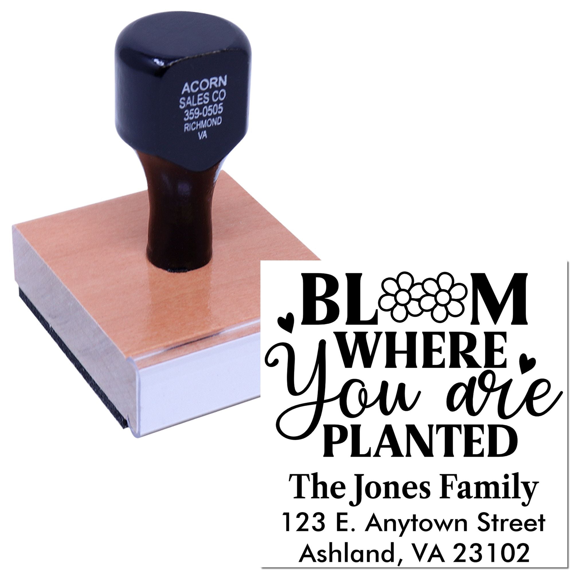 Custom rubber stamp with Bloom Where You Are Planted quote, family name, and address for personalized stationery.