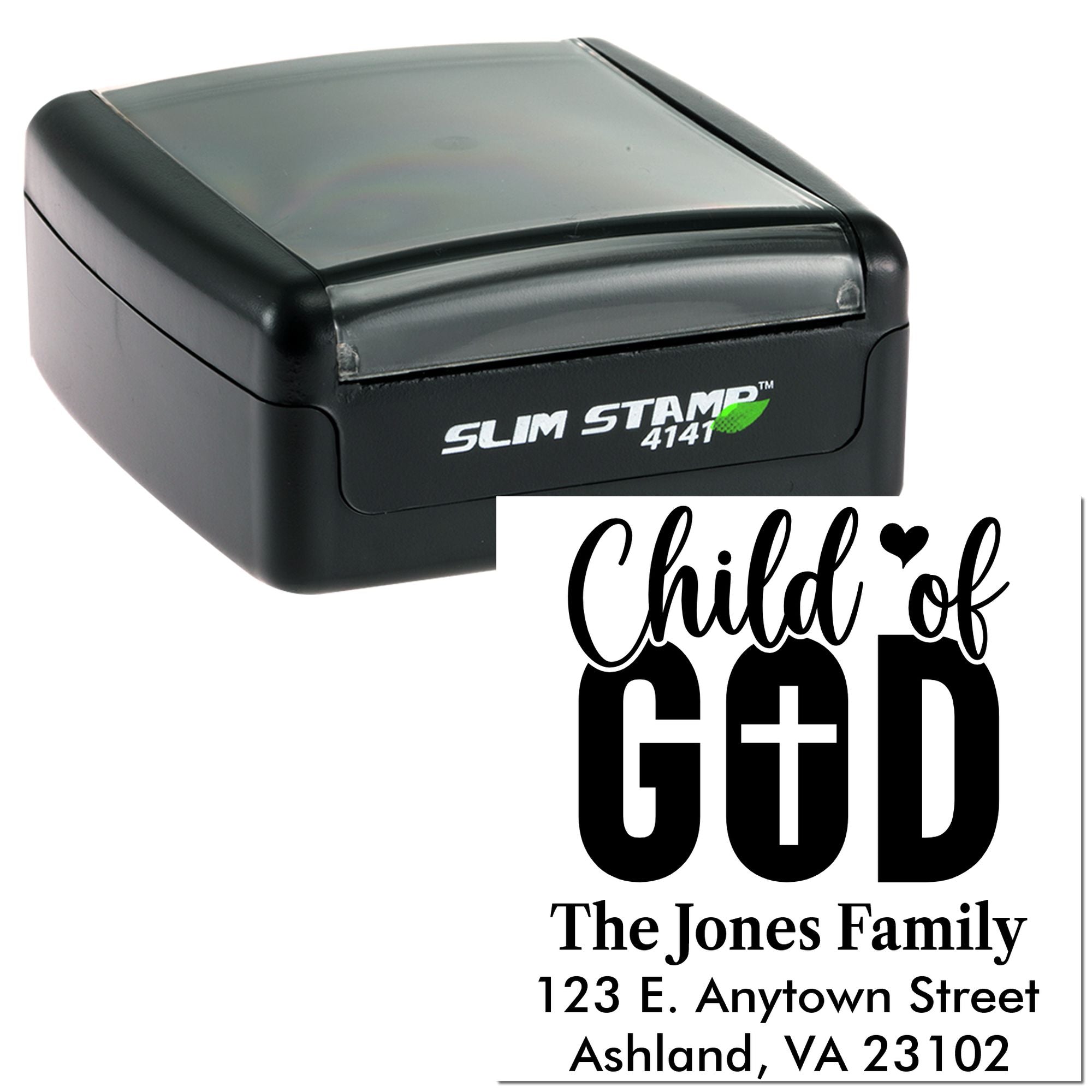 Custom self-inking rubber stamp with Child of God family return address design for personalized envelopes and mail.