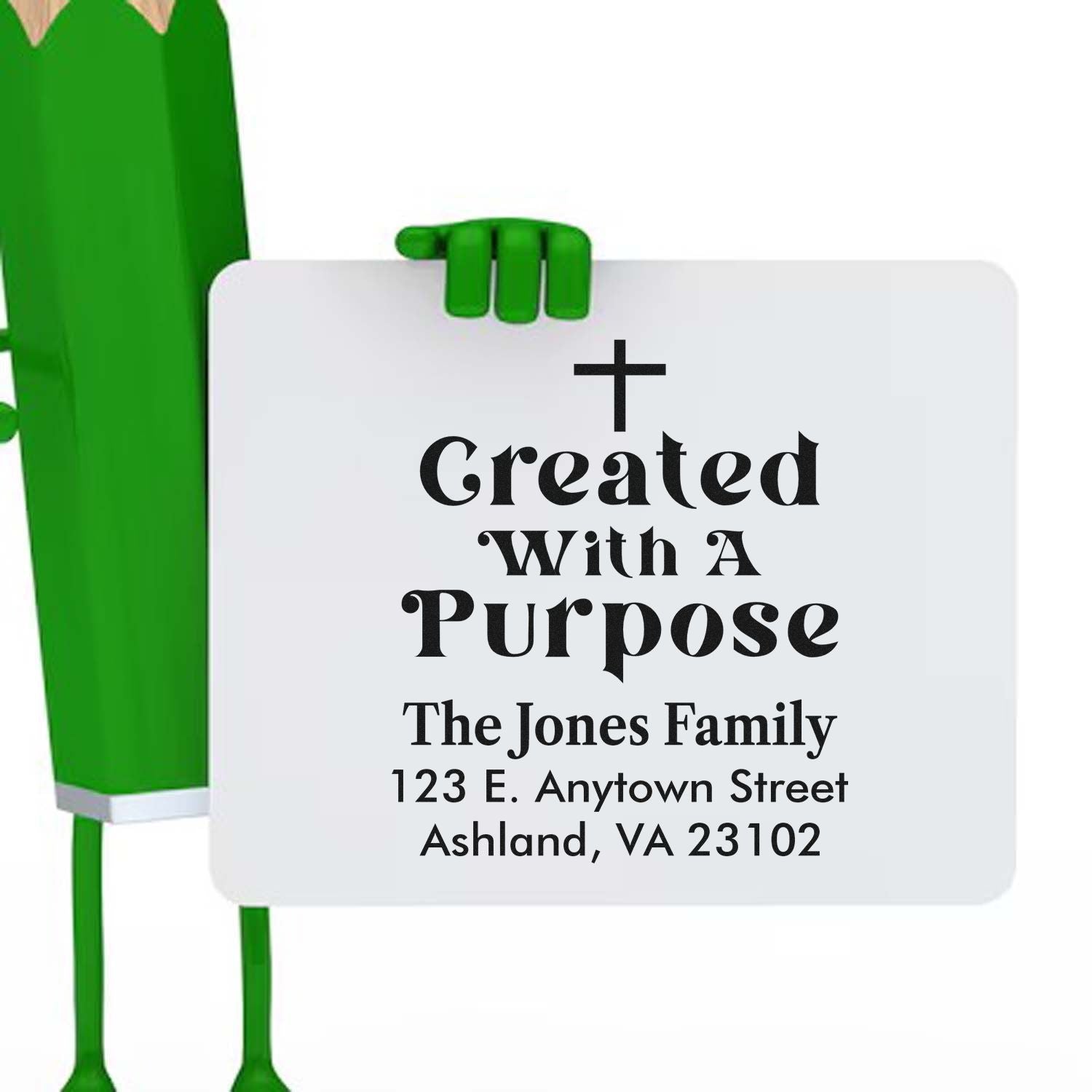 Custom Christian family return address rubber stamp with cross, Created with a Purpose, and personalized name and address.