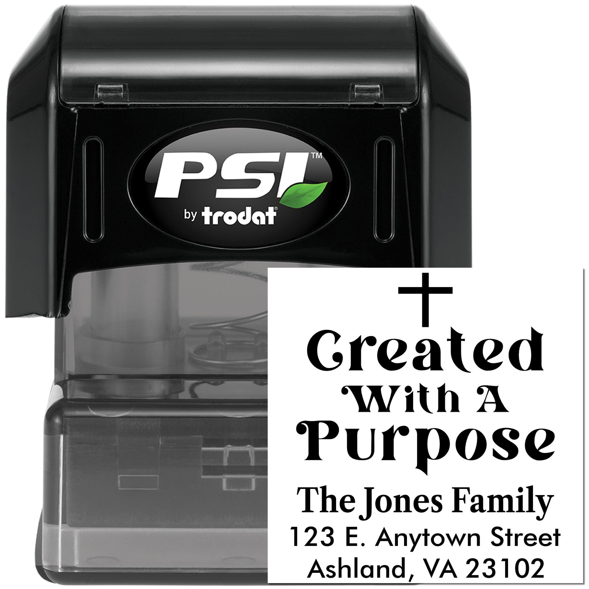 Personalized self-inking rubber address stamp with cross and Created With a Purpose design for The Jones Family.