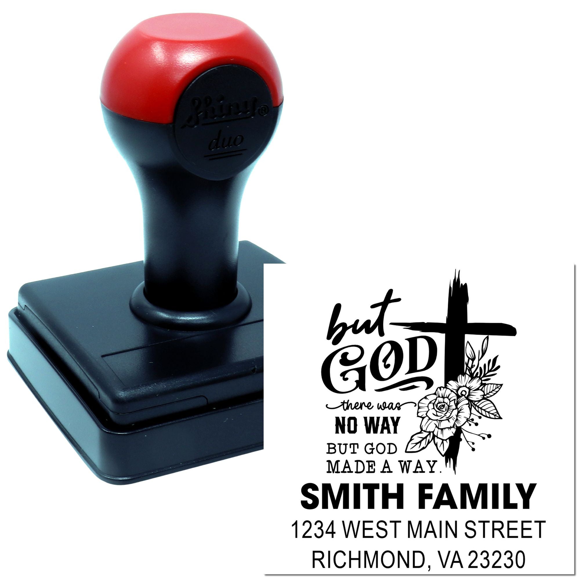 Custom self-inking rubber stamp with Christian But God family return address design for envelopes and mailing labels.