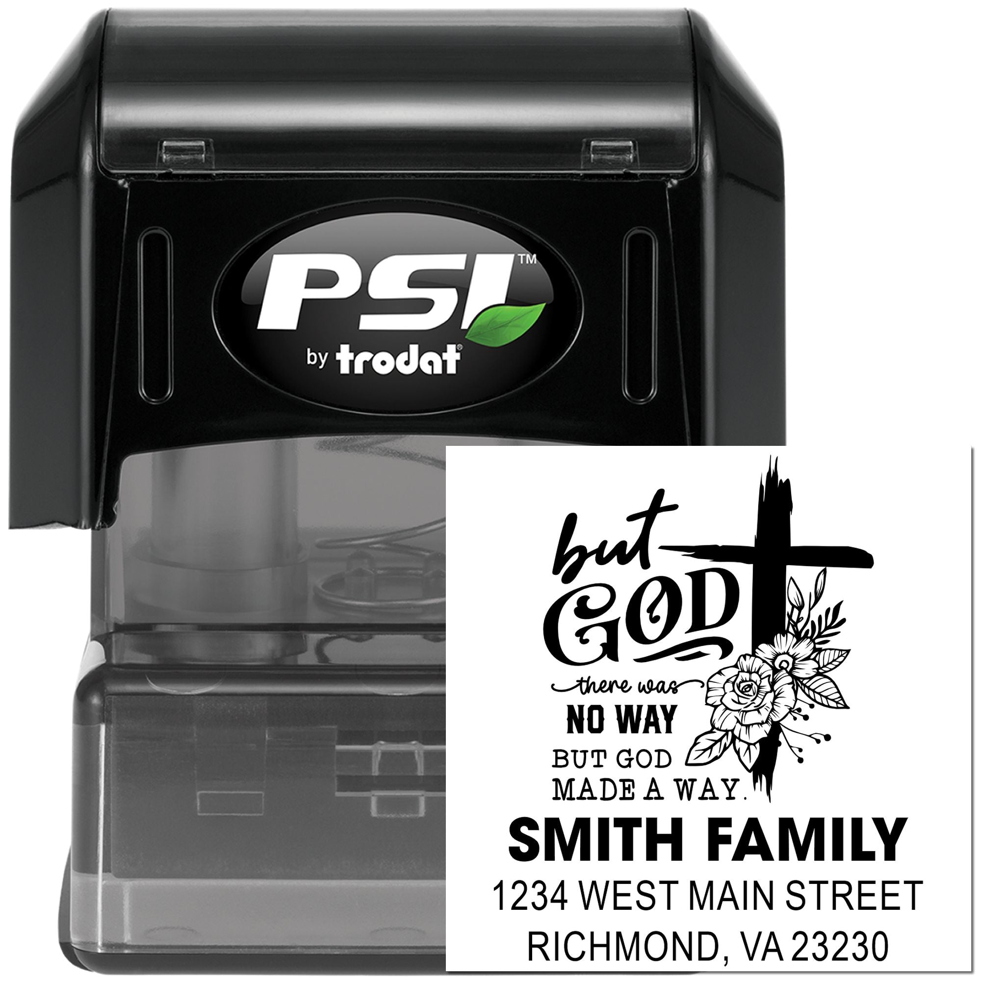 PSI by Trodat self-inking custom rubber address stamp with faith quote, floral cross, Smith Family name, and Richmond, VA address