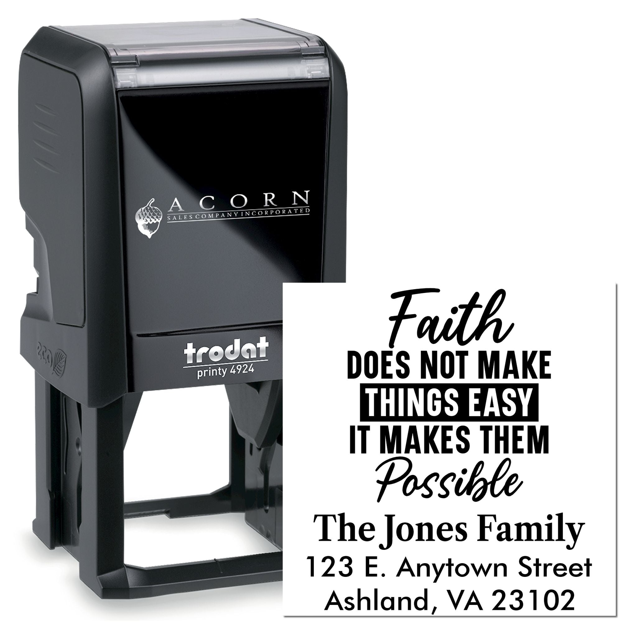 Custom self-inking rubber stamp with faith quote, personalized name, and return address for mailing labels.