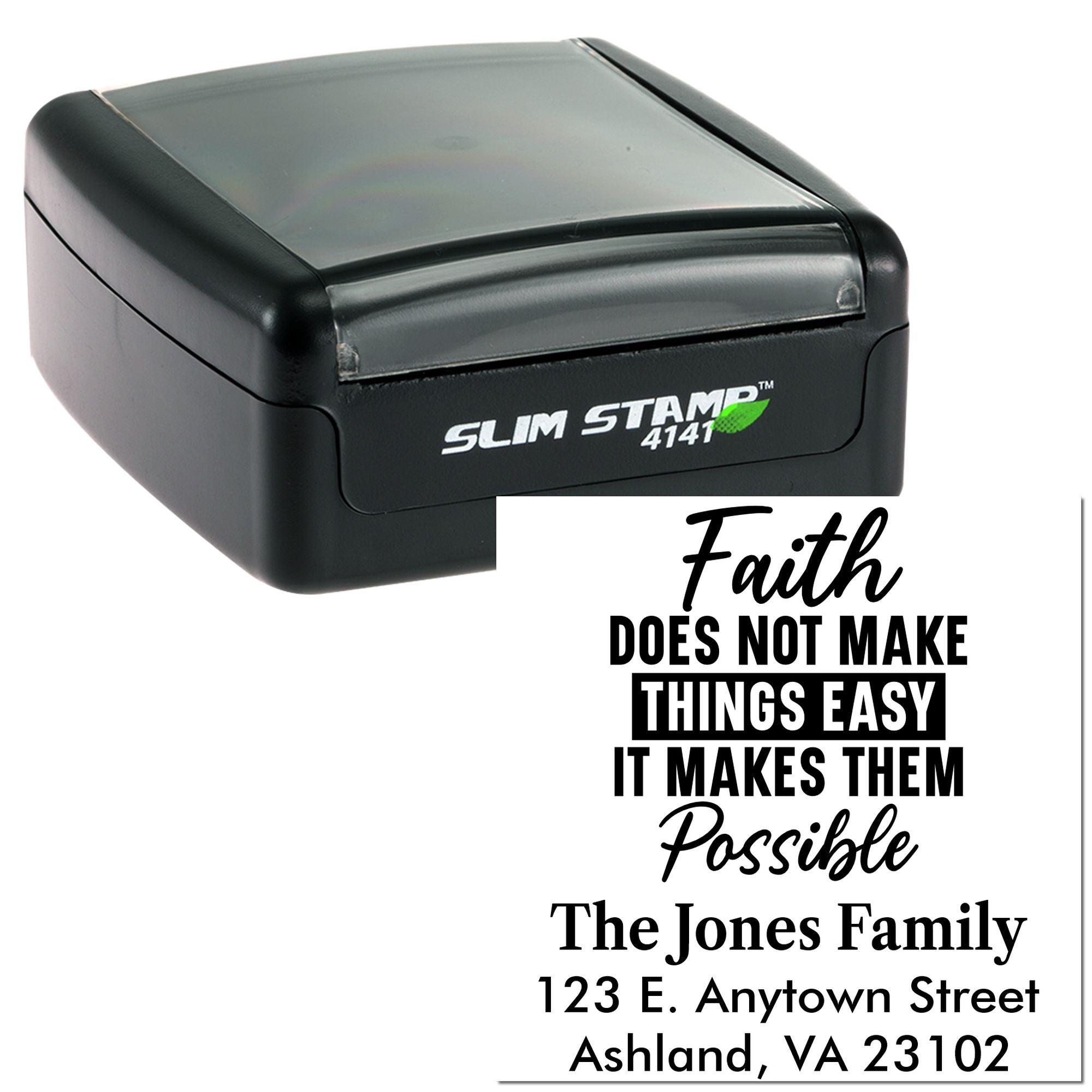 Custom self-inking rubber stamp with faith quote and return address, shown with Slim Stamp 4141 black stamp case.