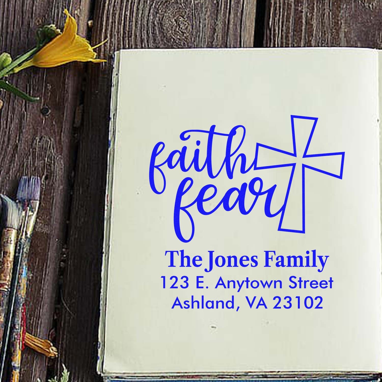 Personalized faith and fear rubber stamp with cross and family return address for Christian stationery.