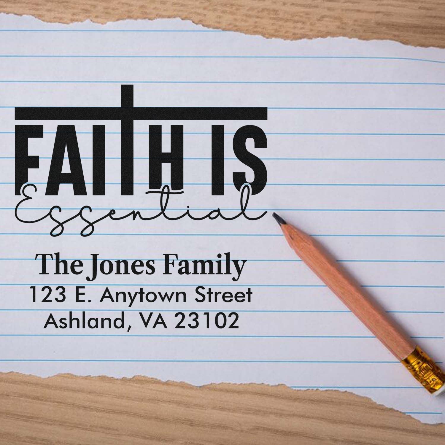 Faith Is Essential custom rubber stamp with family name and address, perfect for personalized Christian mailings.