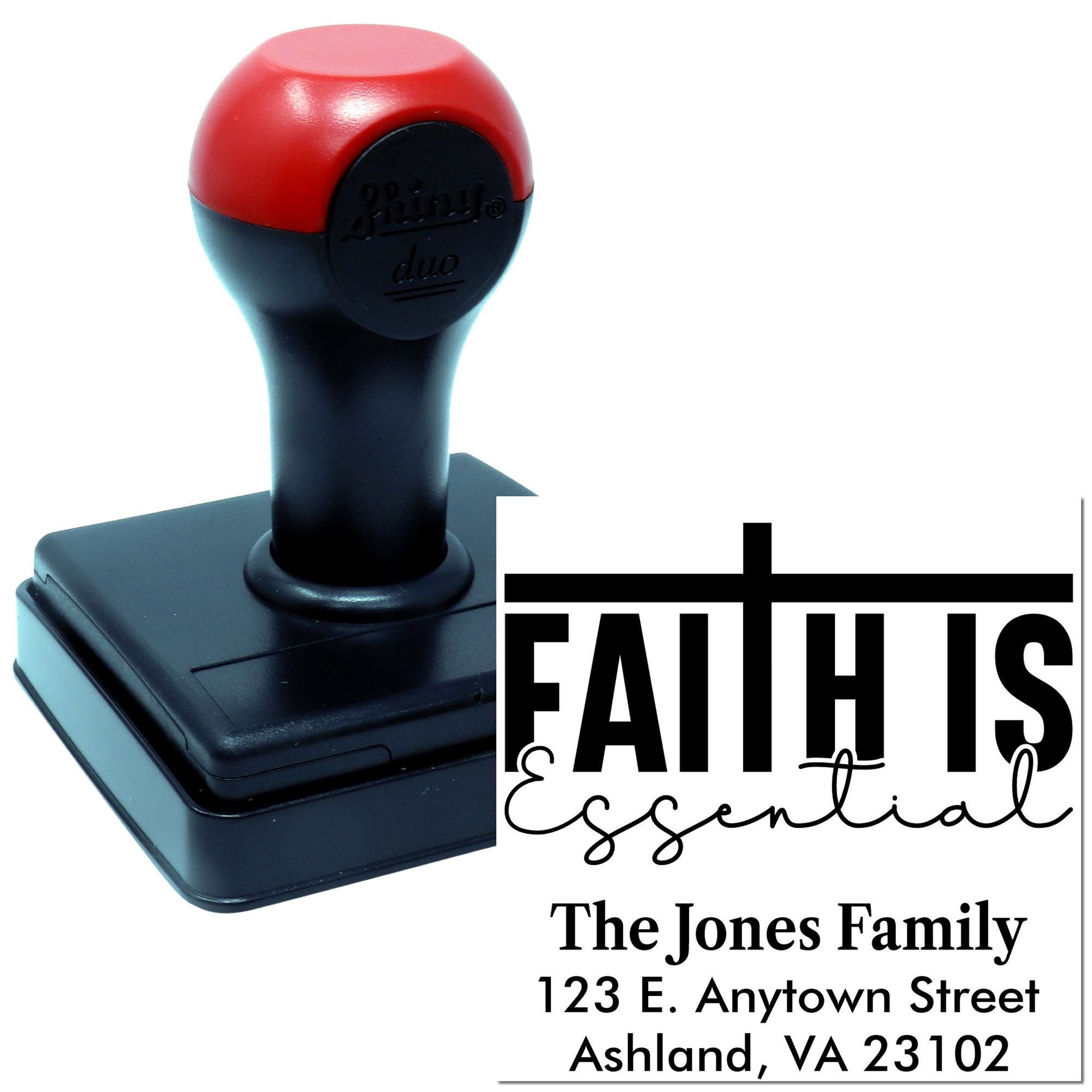 Custom faith is essential self-inking rubber address stamp for The Jones Family, with personalized name and return address.