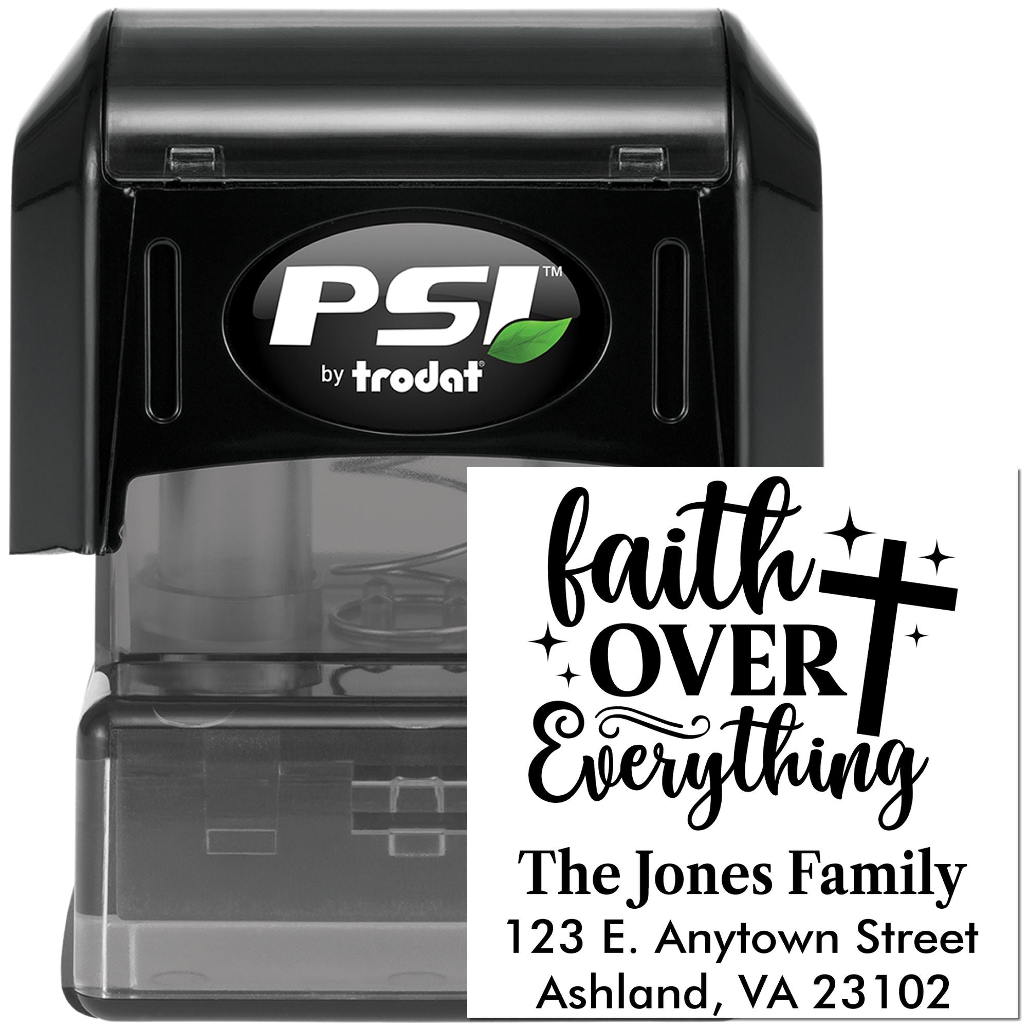 Custom faith over everything self-inking address stamp with cross for The Jones Family, PSI by Trodat