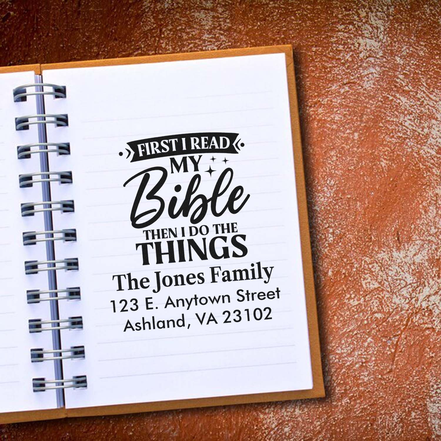 Custom Bible journaling rubber stamp with family name and address, reading First I read my Bible then I do the things.