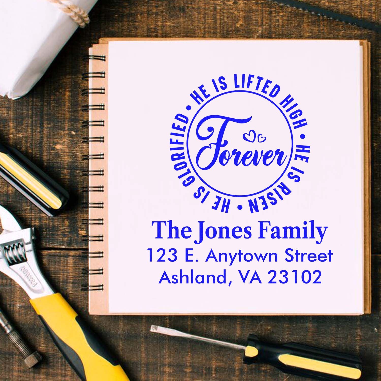 Custom rubber return address stamp with Christian faith quote for The Jones Family, perfect for wedding and home mailing.