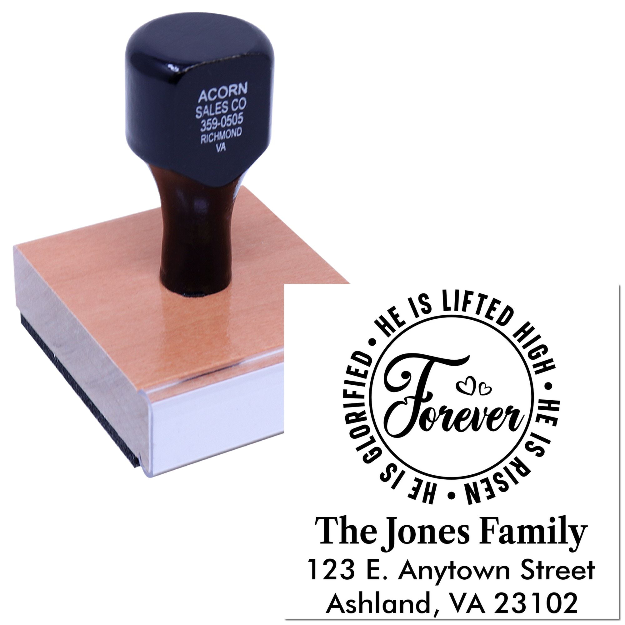 Custom rubber stamp with memorial family address design, featuring He Is Lifted High, He Is Risen quote.