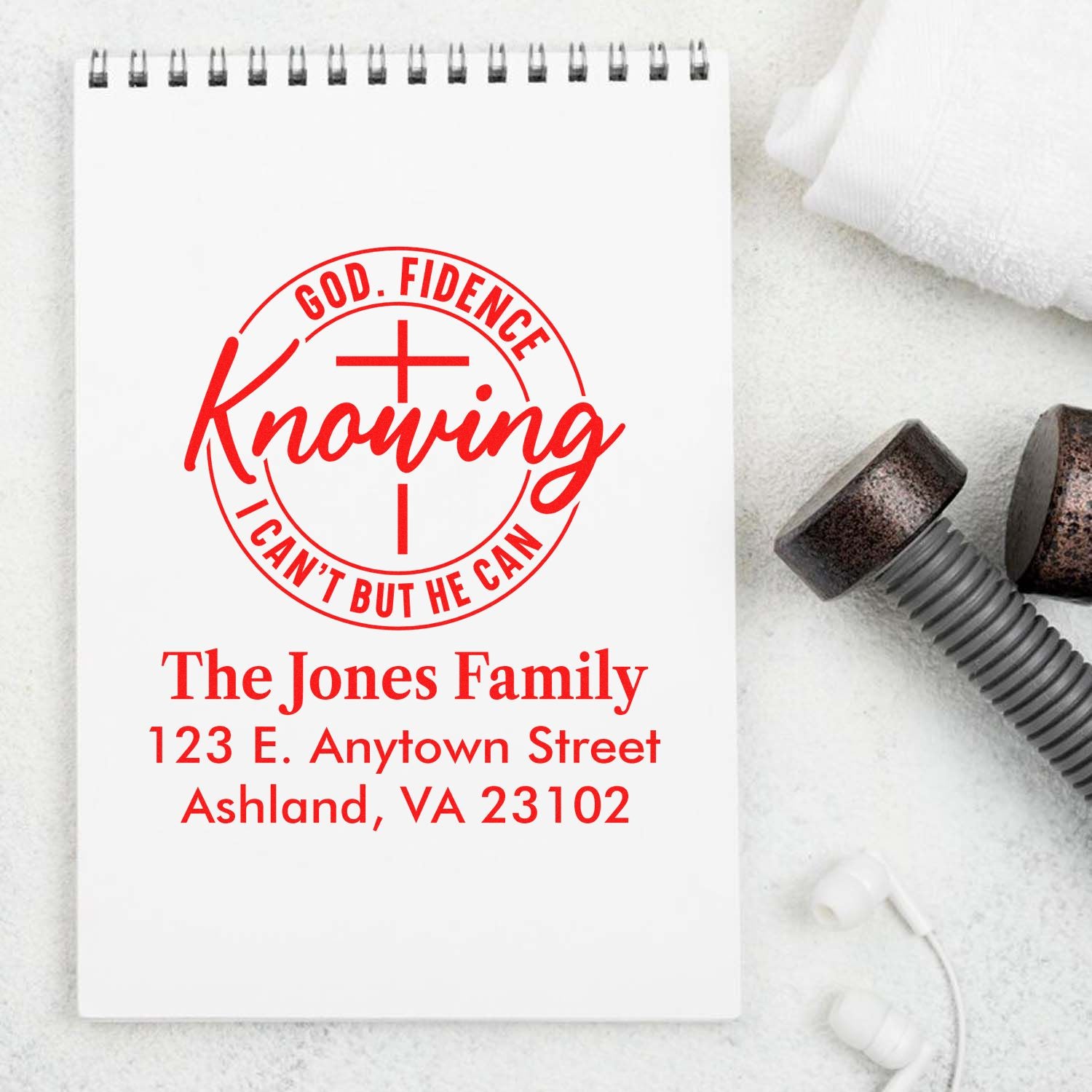 Custom Christian return address rubber stamp with Knowing God, I cant but He can and The Jones Family address.