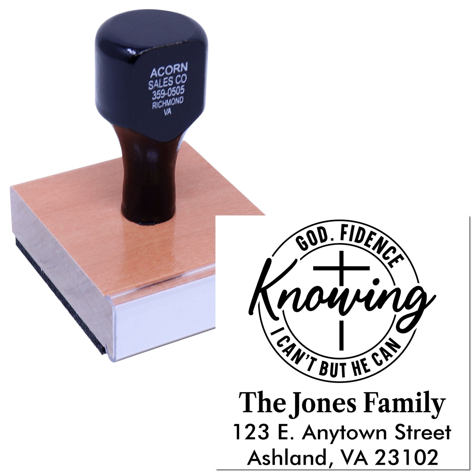 Personalized Christian rubber stamp with God-fidence design, custom family name, and return address for mailing.