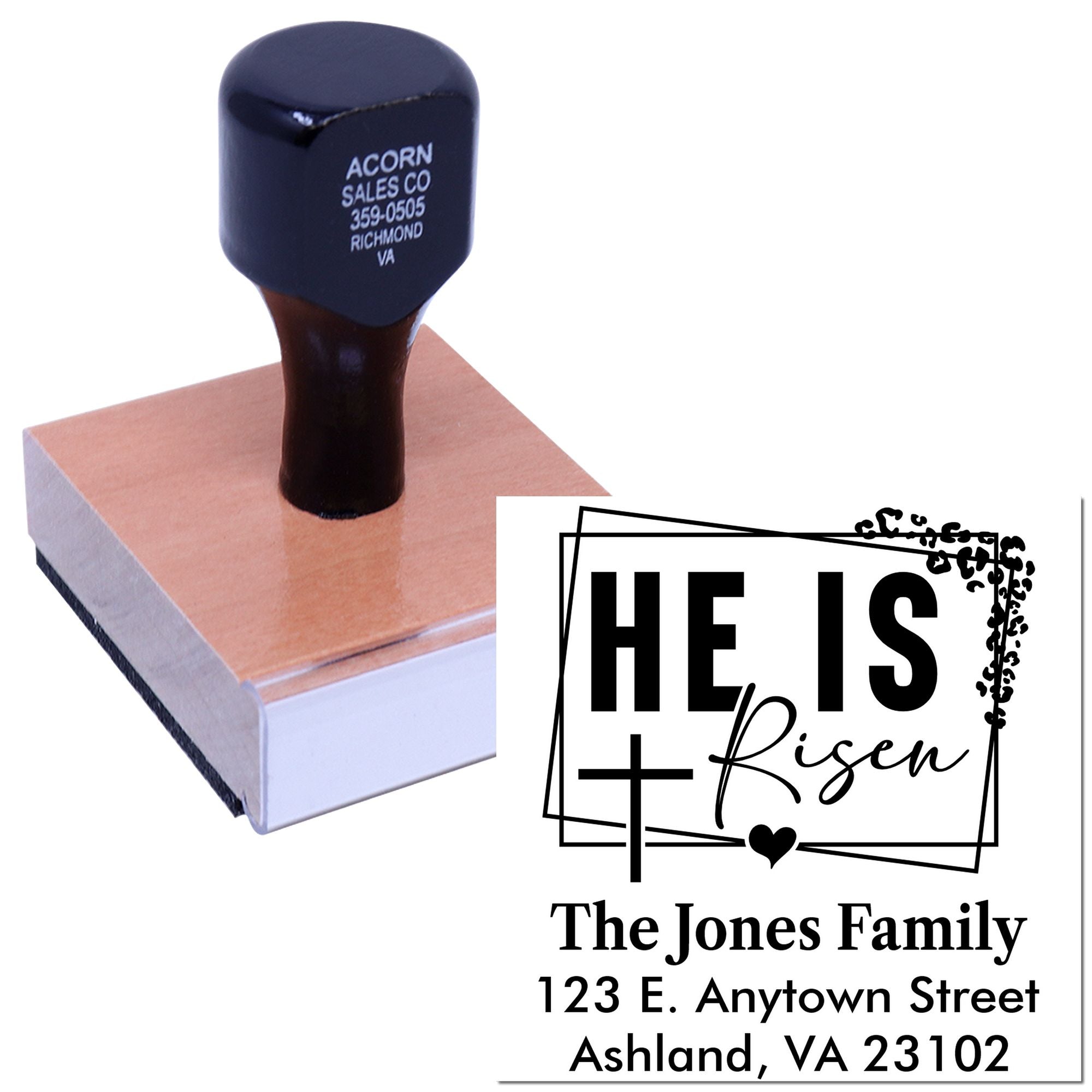 Custom rubber stamp with He Is Risen design and family return address for Easter cards and religious mailings.