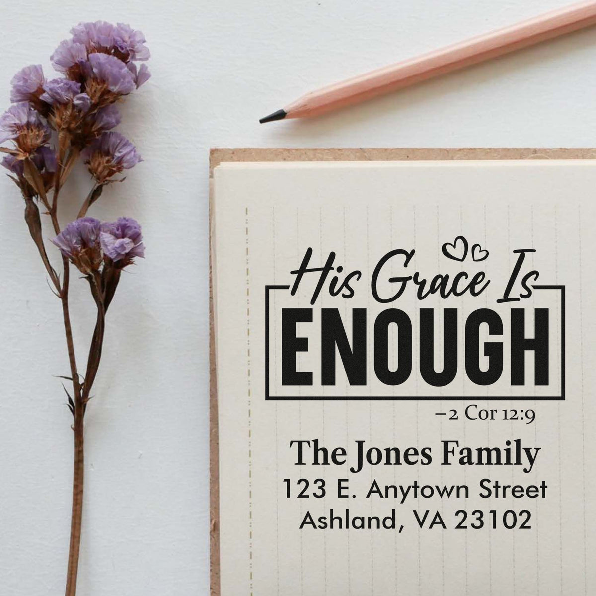Custom Christian rubber address stamp with His Grace Is Enough Bible verse, family name, and return address for stationery.